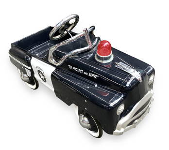 Contemporary Black & White Police Pedal Car.: It Looks to be in Good condition overall, with some Scratches and Smudges. It Measures 35" x 15" x 24". Third-Party Freight Shipping or Personal Pickup Required. Please see our Website for Shipping Re