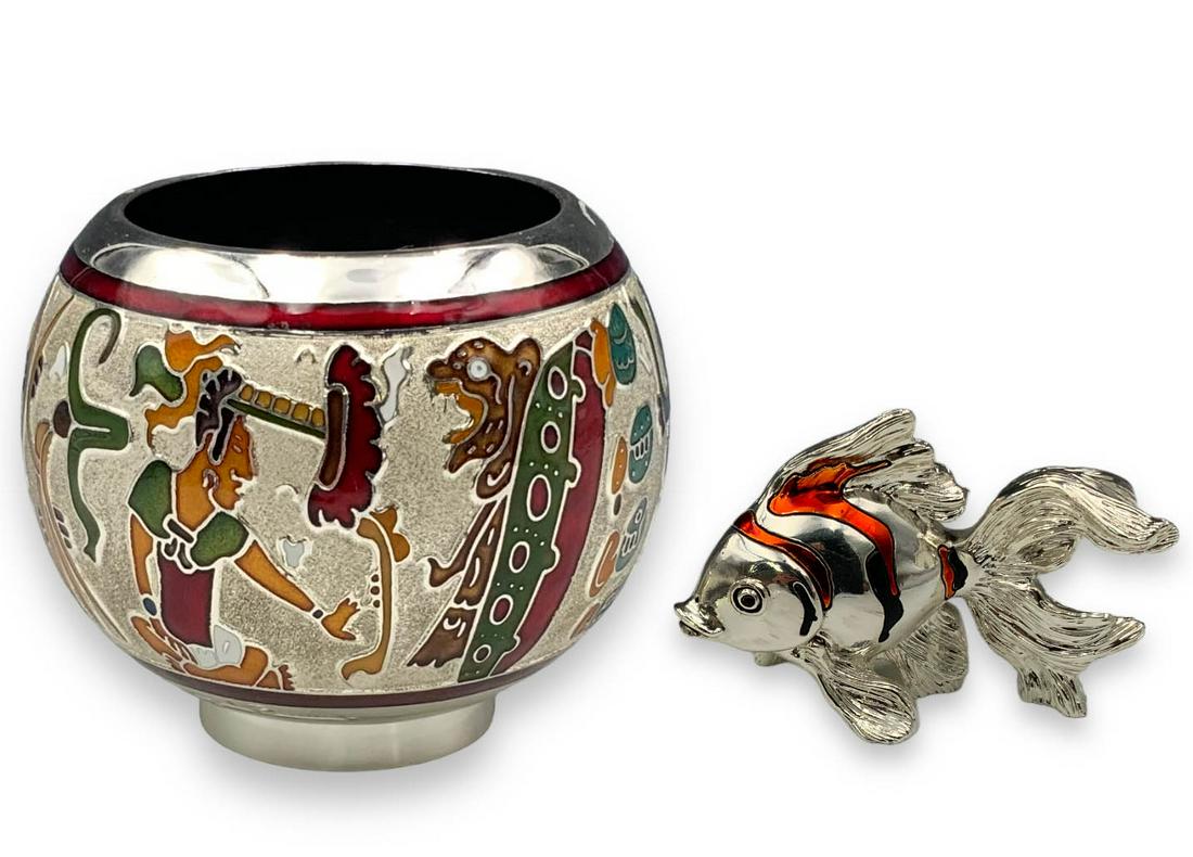 Lot: 2 Pcs.- Miguel Pineda Vase, Silverplated Fish: The squat metal and enamel vase is signed "Miguel Pineda" near the bottom. It looks to be in Nice condition overall. The striped fish is Signed, "Marcello Giorgio" and also reads,"Laminato AG Made in 