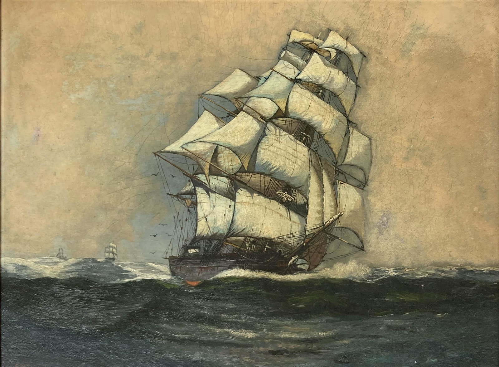 Oil Painting of Clipper Ship sgd. G. MacGregor.: The work could possibly be by Goldie MacGregor, but that has not been confirmed. The painting is oil on board, signed lower left. It has a writeup on the back about the artist, but the writeup is badl