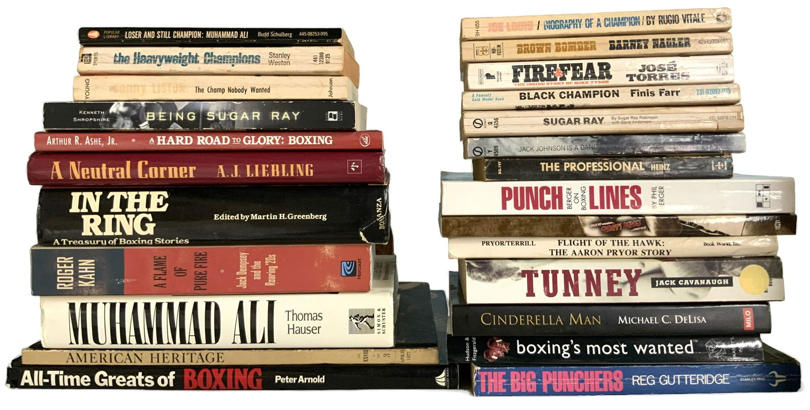 Lot: 25 Books about Boxing - Joe Louis, etc.: They are mostly paperback. Condition varies- some are in better shape than others. Included are books about Joe Louis, Muhammad Ali, Jack Dempsey, Sugar Ray Robinson, Jack Johnson, and more. In-House