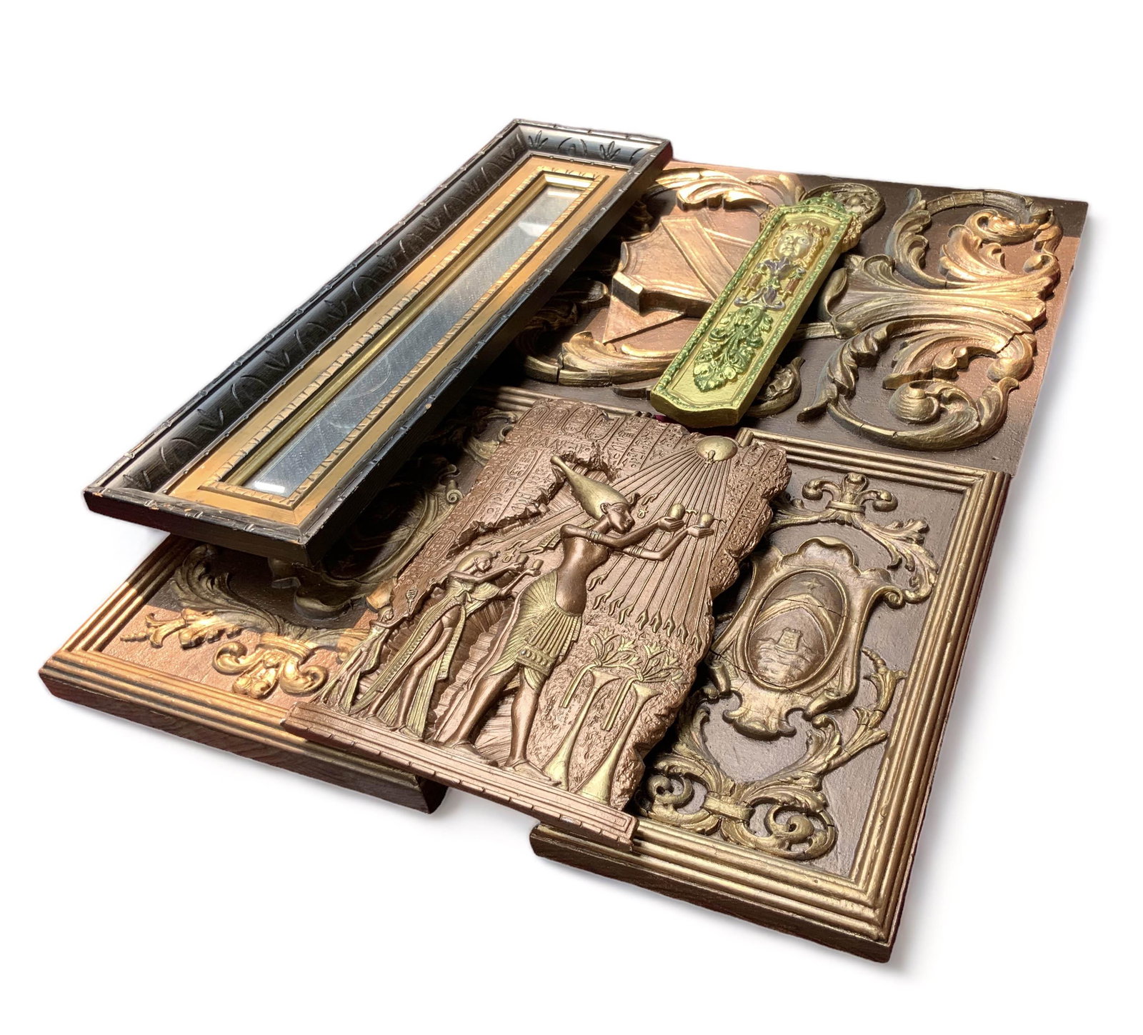 Lot: 6 Pcs.- Gilded Wall Plaques, Wall Mirror. (1 of 2)