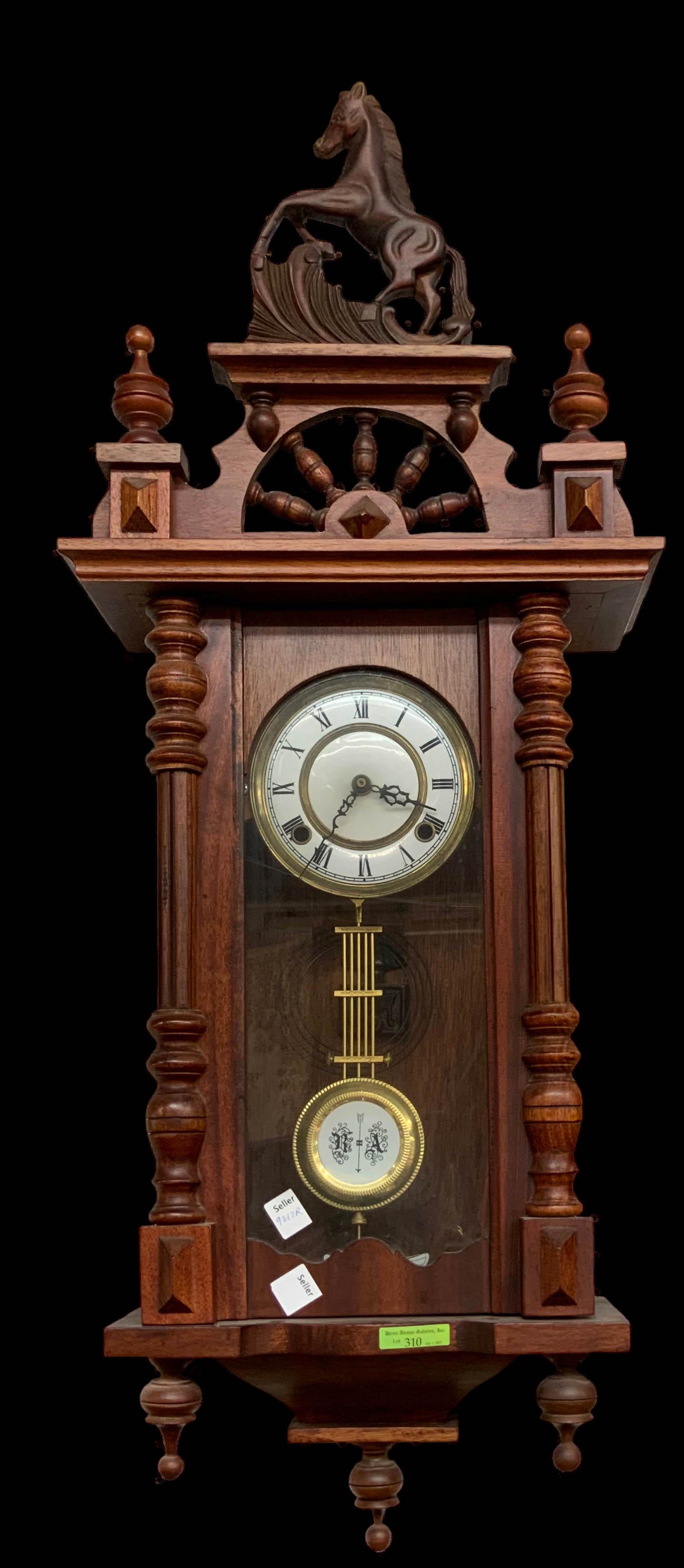 Carved Wood Wall Pendulum Clock w/ Horse. (1 of 1)