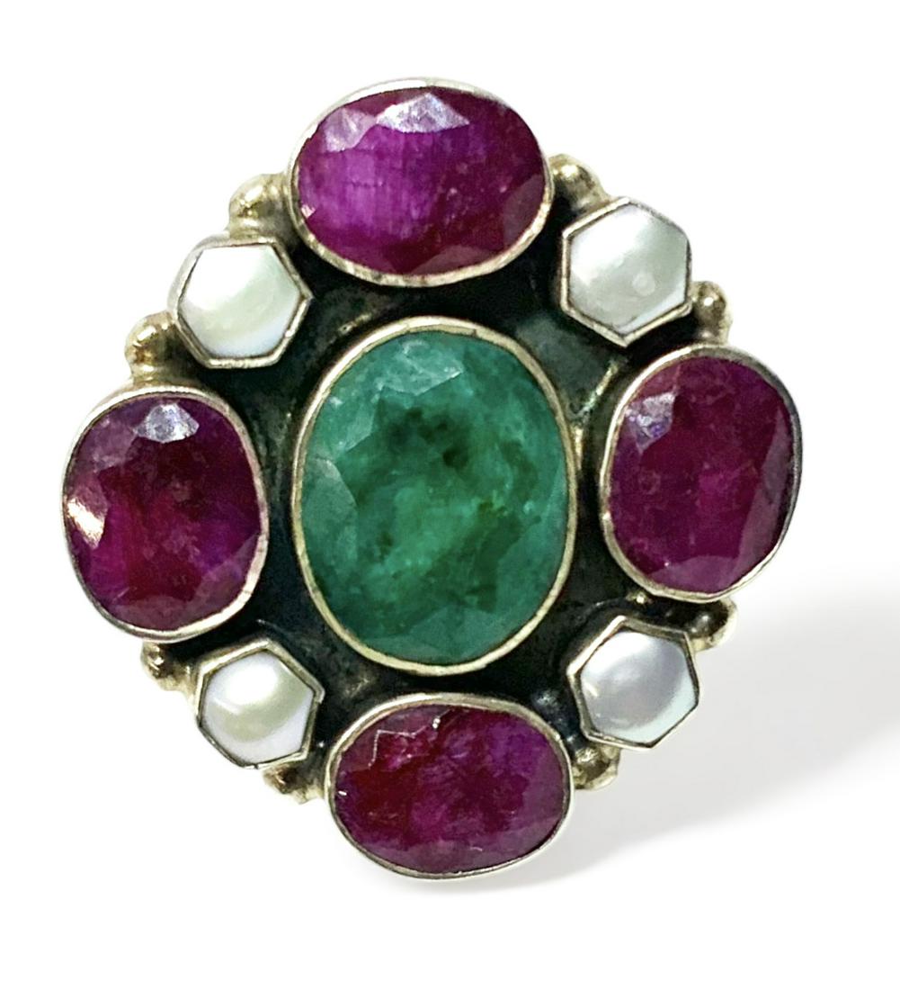 Sterling Silver Ruby, Emerald & Pearl Ring. (1 of 3)