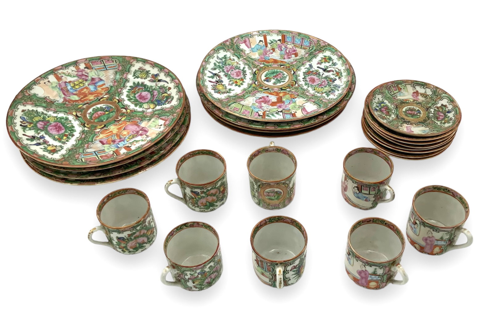 Lot of Chinese Rose Medallion Porcelain.: These items have several nicks and chips, and some wear to use. One of the Cups has a hairline crack. There are 8 plates, each measuring approximately 8" in Diameter. There are 8 Demitasse cups and sa