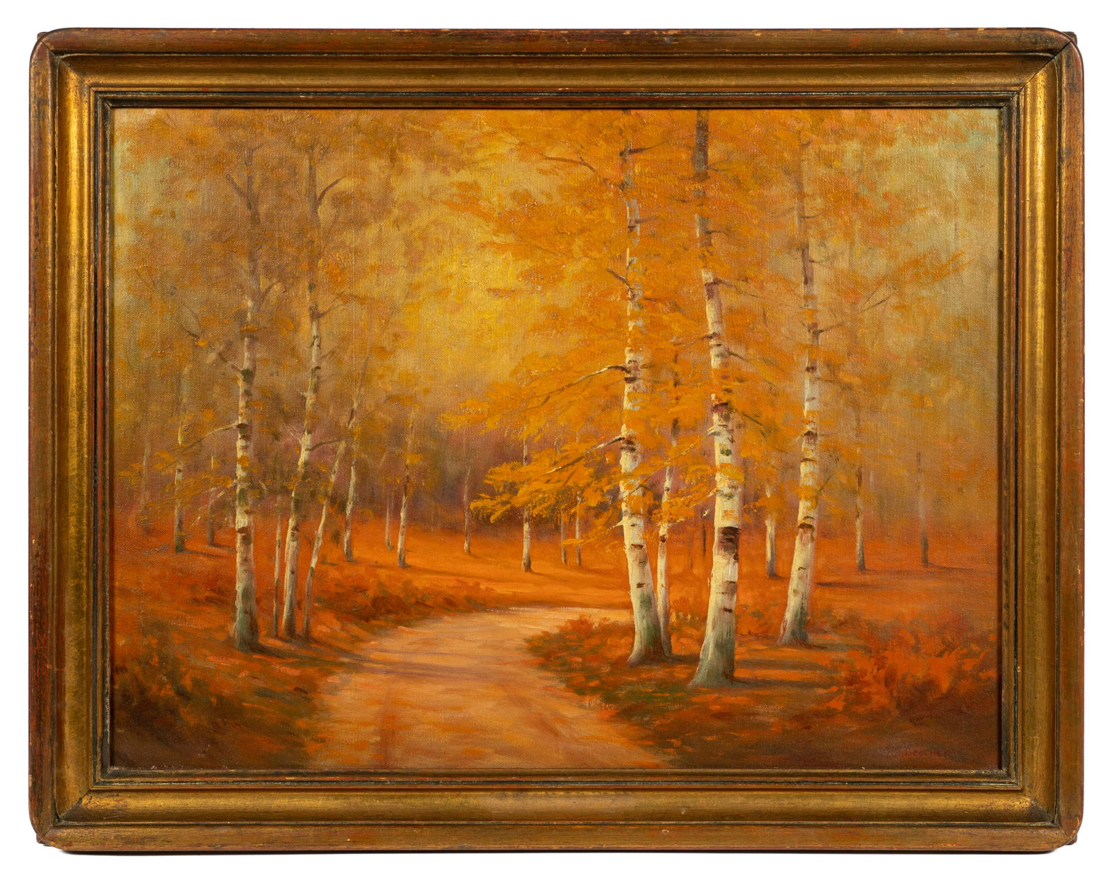 Signed C.H. Beecher Painting of Birch Trees & Road: The Painting is Oil on Canvas, Signed Lower Right. The Painting is in Good Overall Condition; the Frame has some Wear. The painting measures 18" x 24". The Frame measures 21 1/2" x 27 1/2". In-House S