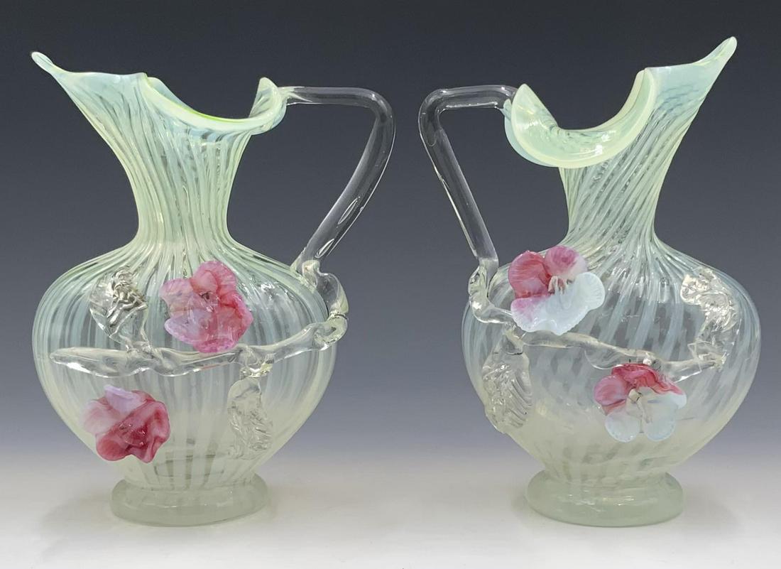 Pr. Of Uranium Glass Vases w/ Cherry Blossoms. (1 of 3)
