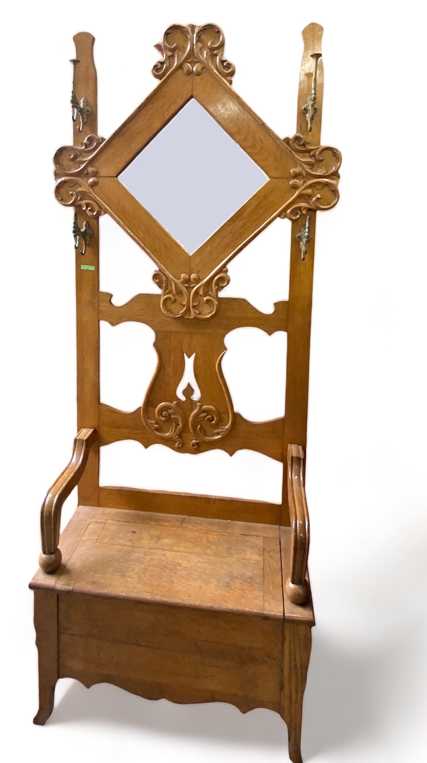 Antique Golden Oak Hall Tree W/ Boot Box. Auction