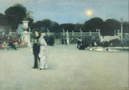 John Sargent Giclee, In The Luxembourg Gardens.: This framed giclee of a Parisian garden scene by John Singer Sargent is signed in print and dated lower right. Some areas of the print are textured. It is framed in a gold and silver-tone frame. The c