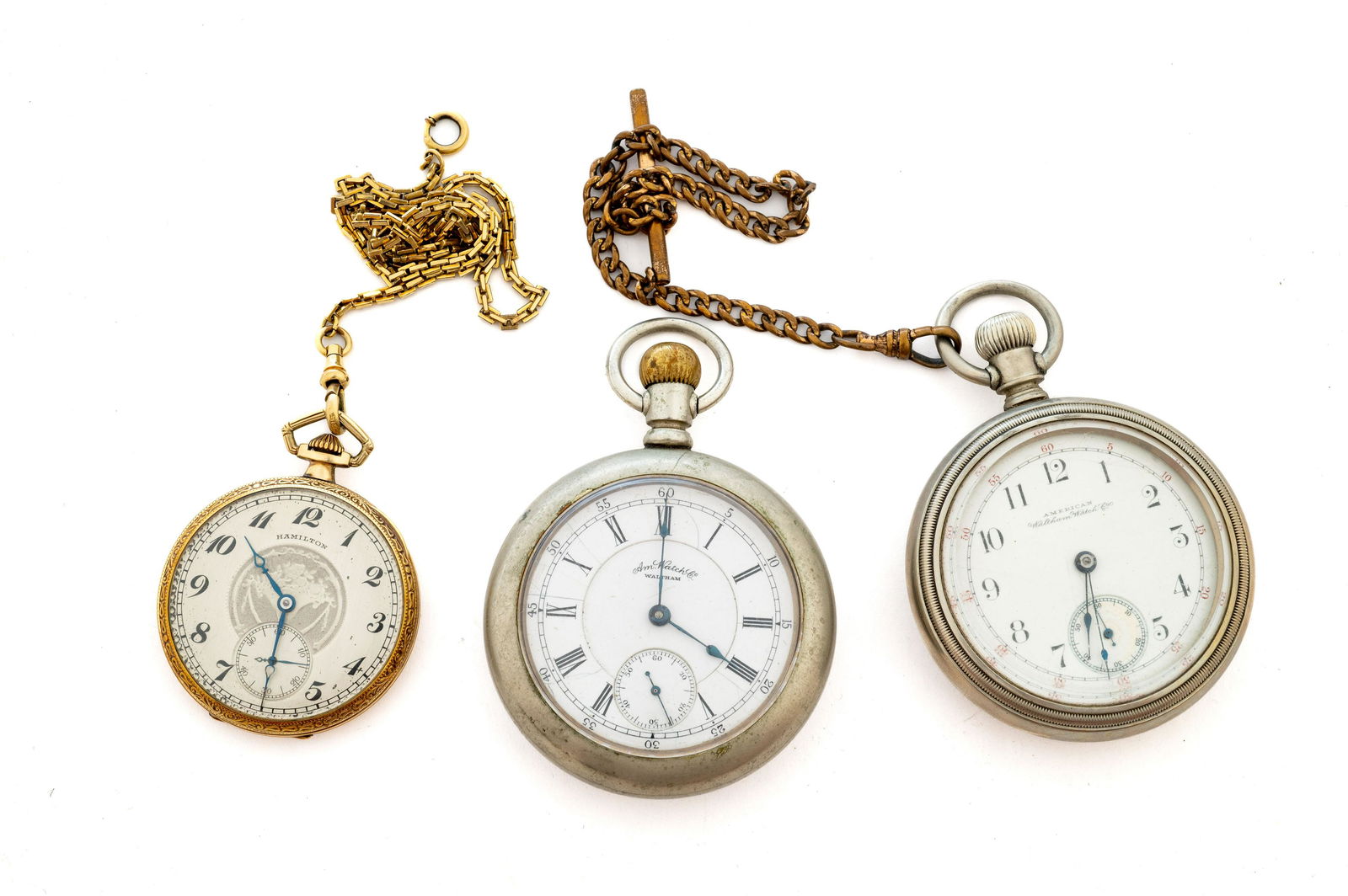 Lot of Three Antique Pocketwatches & 2 Chains. (1 of 2)