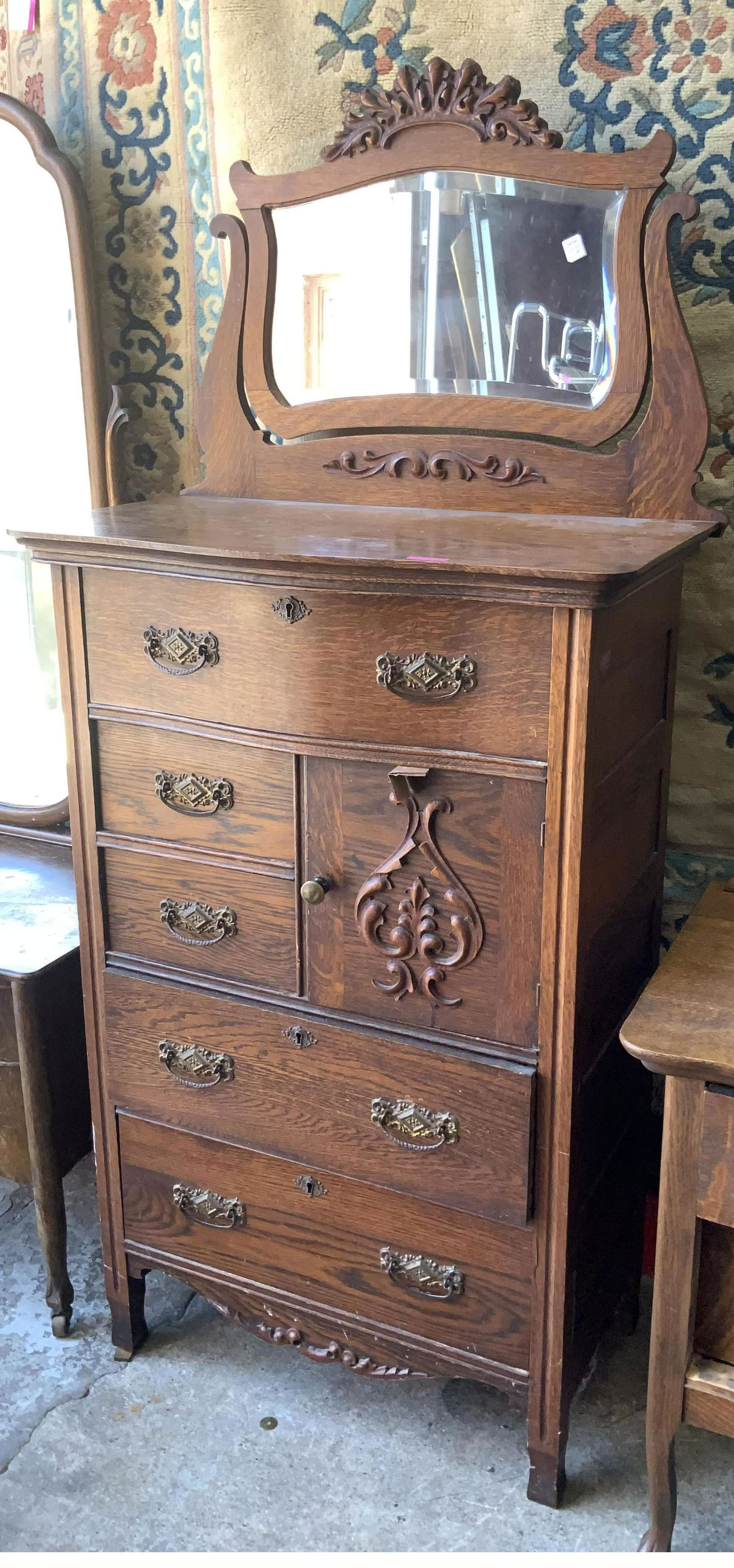 Ornate Antique Oak Highboy With Mirror. Auction