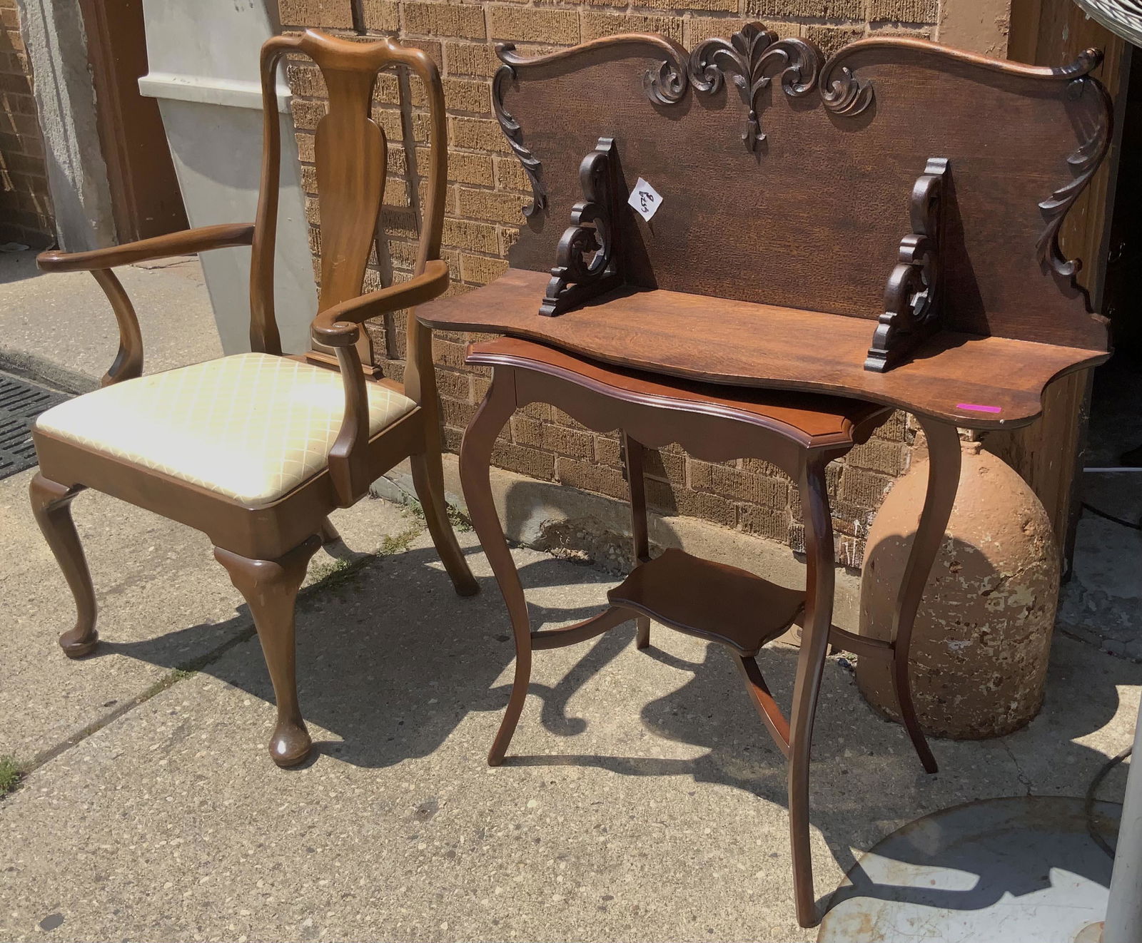 3-Piece Oak Furniture Set.: This lot features a Queen Anne Style dining chair, a lamp table, and a carved shelf. Third-party freight shipping or personal pickup is required. Please see our website for our shipping recommendation