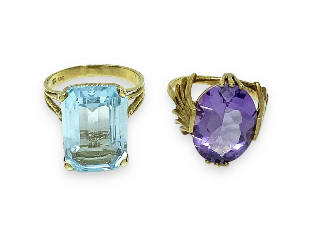 Lot of Two 10K Rings w/ Lg. Blue Topaz & Amethyst. (1 of 3)