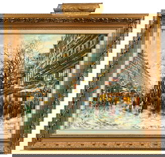 Impressionist Painting, after Antoine Blanchard.: Antoine Blanchard's name is signed lower right. The winter street scene is in a newer gilded frame with a dimmable gallery light. The light is in working condition at this time. The painting is in goo