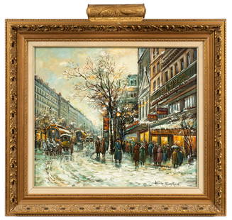 Impressionist Painting, after Antoine Blanchard.: Antoine Blanchard's name is signed lower right. The winter street scene is in a newer gilded frame with a dimmable gallery light. The light is in working condition at this time. The painting is in goo