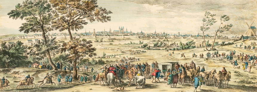 "View of Tournay...", Etching Signed N.Cochin.: A Charles-Nicolas Cochin etching after Adam Frans van der Meulen (Dutch, 1632-1690). "N. Cochin" is signed lower right, as well as being dated from 1685. A hand-colored etching, housed in a rugged gil