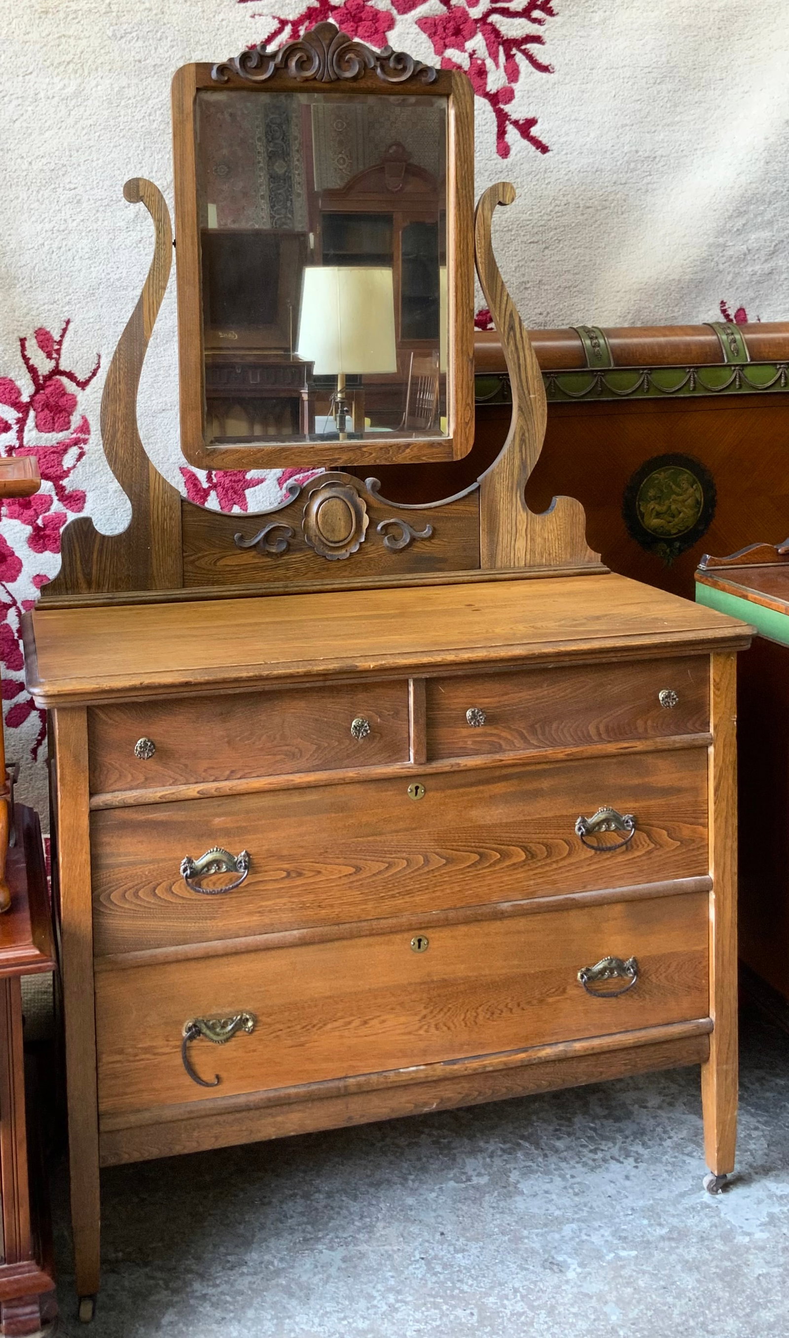 Carved Antique Oak Dresser with Mirror. (1 of 1)