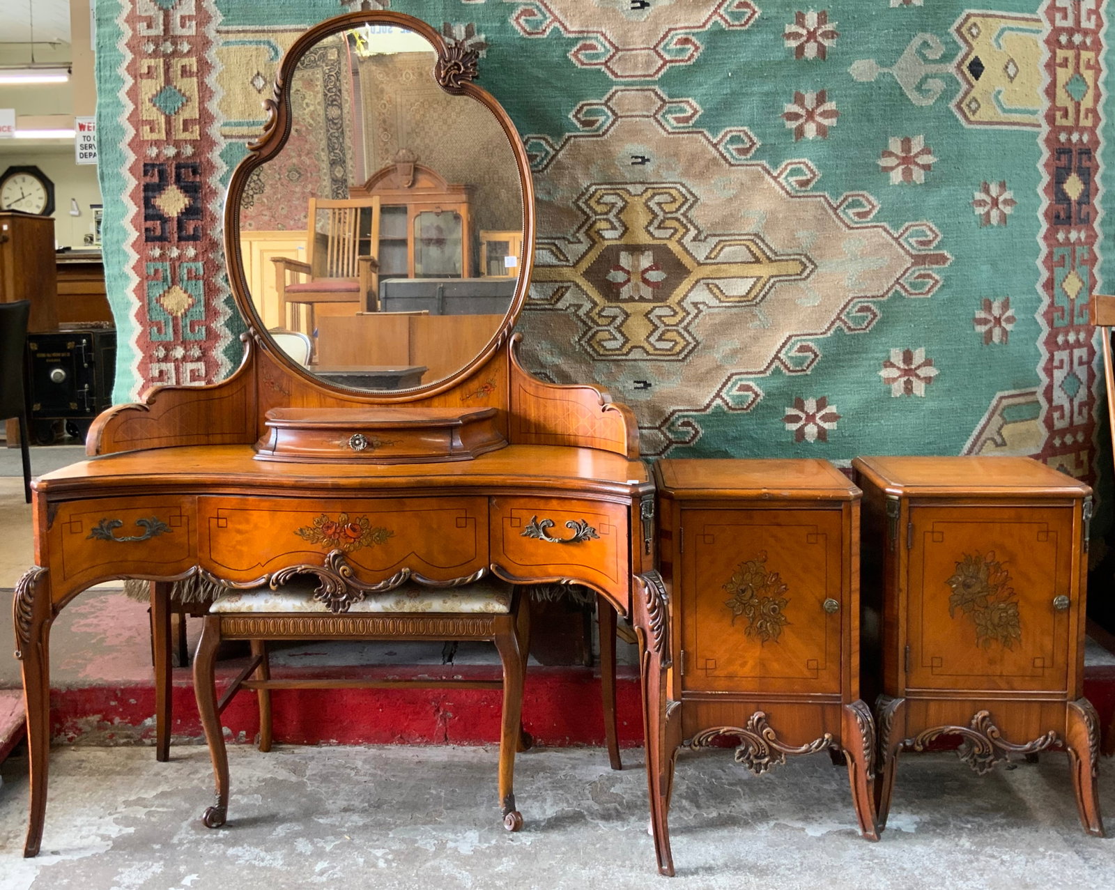 French Carved Vanity, Nightstands, and Bench (1 of 1)