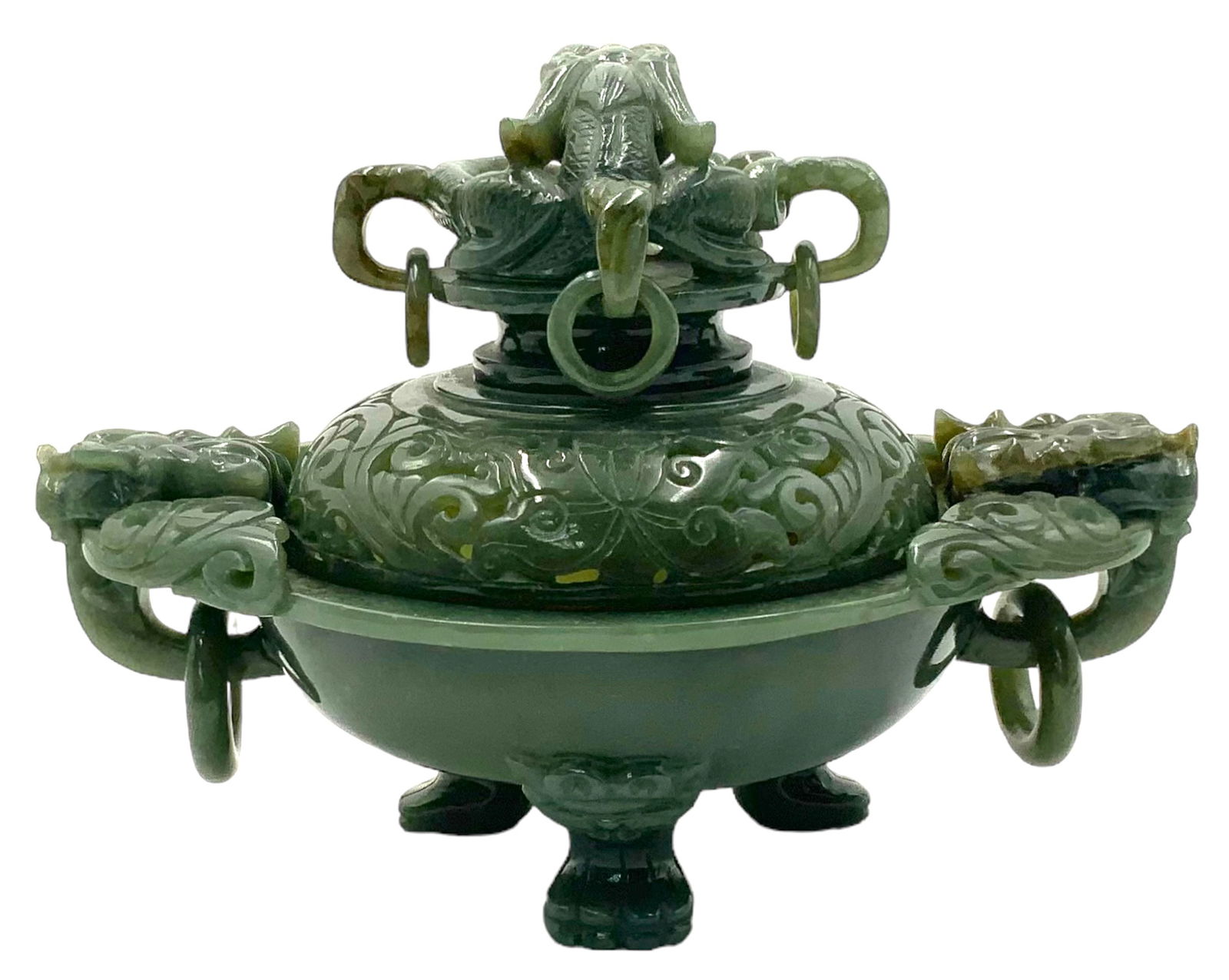 Chinese Dark Green Jade Censer w/ Dragon Carvings. (1 of 5)