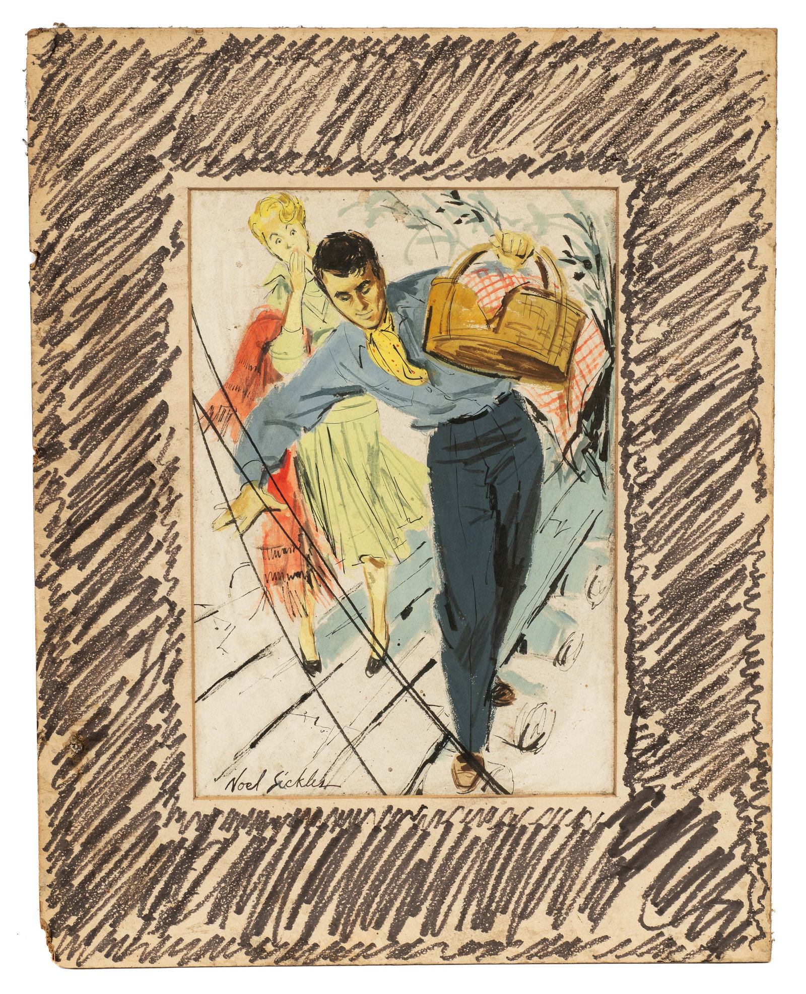 Watercolor on Board, Noel Douglas Sickles.: This watercolor painting on board is signed "Noel Sickles", lower left. Noel Douglas Sickles (American, 1910-1982) was a commercial illustrator and cartoonist, best known for the comic strip "Scorchy 