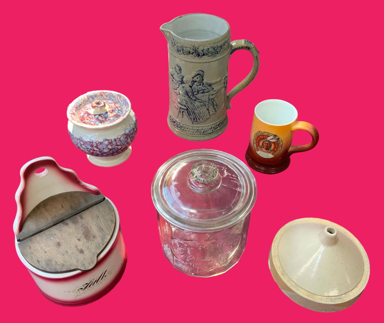 Lot: 6 Pcs.- Round Oak Mug, Stoneware Pitcher, etc (1 of 2)