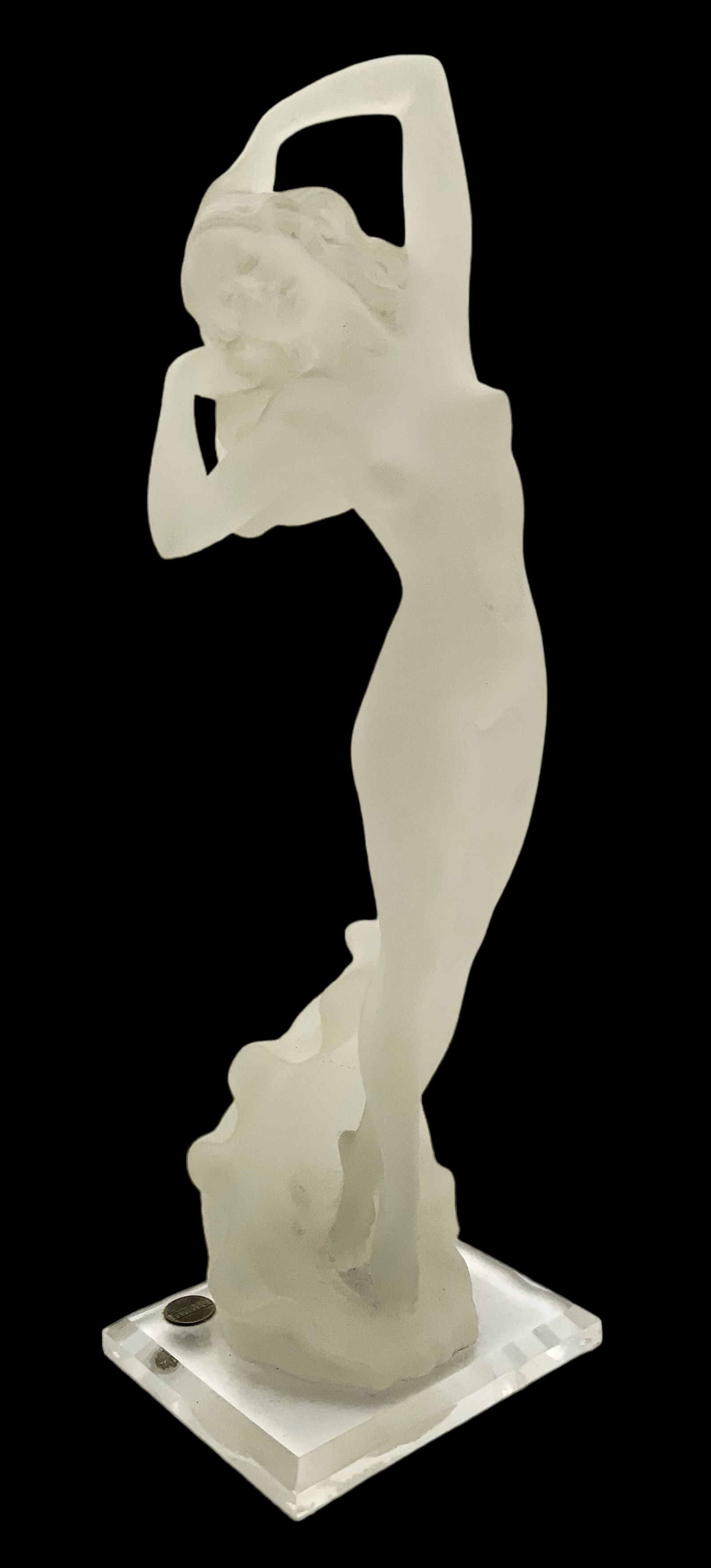 Frosted Lucite Nude, by Monique Sculptures.: The figure measures 18 3/4" tall. It is in Nice condition overall, though the piece could use a little Cleaning. There is a mark on her belly from when a sticker was applied. In-House Shipping is Avai