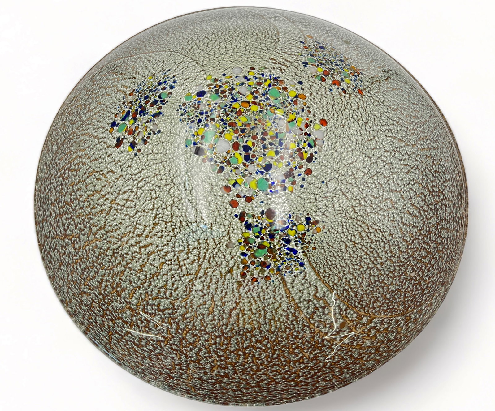 Murano Style 22" Multicolor Glass Ceiling Shade.: It is fairly thick and heavy. Some Scratches are present, but overall it appears to be in Good condition. The shade is meant to be flush with the ceiling. It measures 22" in diameter, and 4 1/2" long.