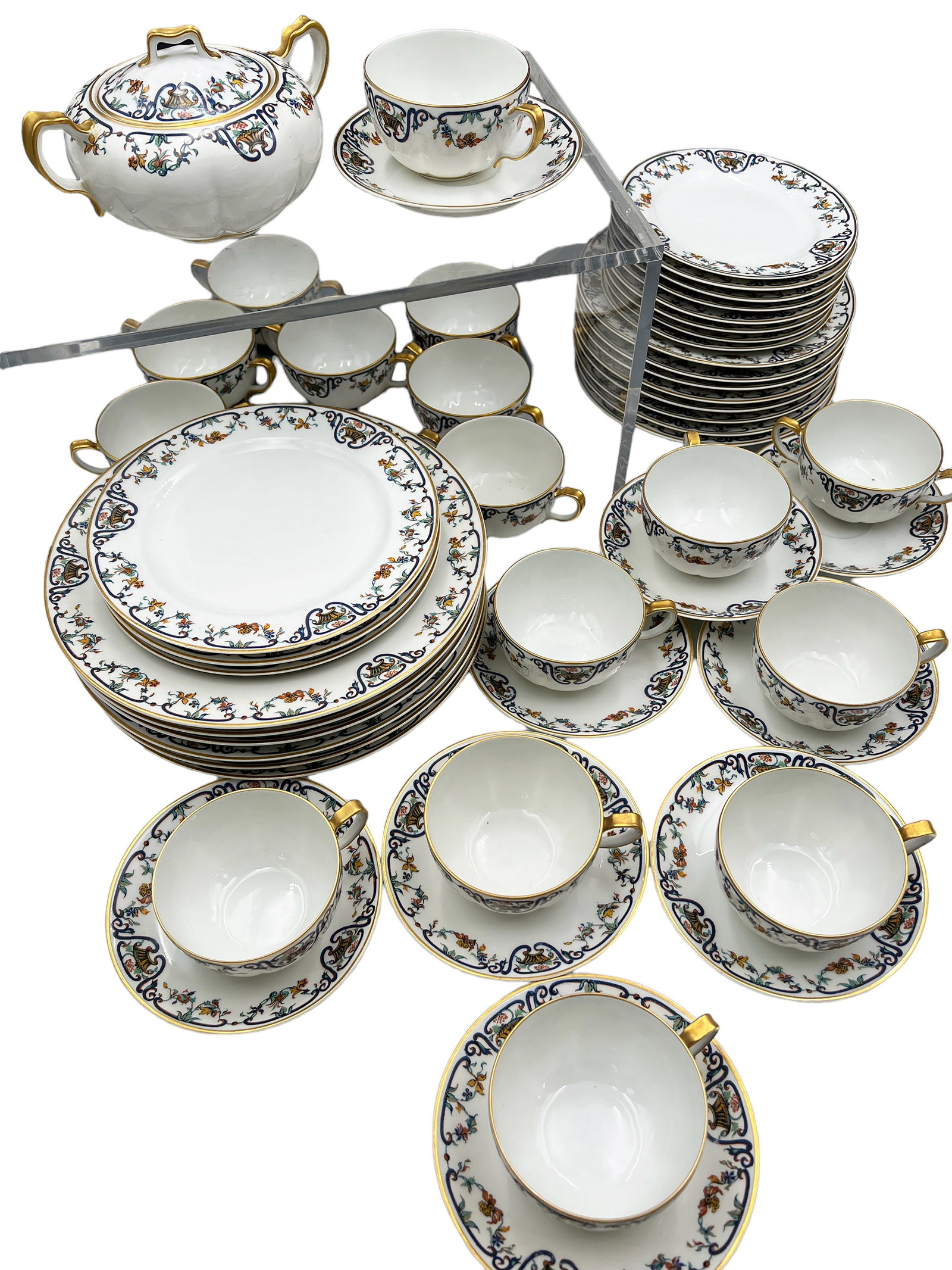 52 Pc. Set of Haviland Limoges "Noinville" China.: The Set looks to be in overall Good condition, with some areas of paint loss. Included are the following: 6 dinner plates, 11 salad plates, 8 bread & butter plates, 9 saucers, 8 teacups, 8 small soup 