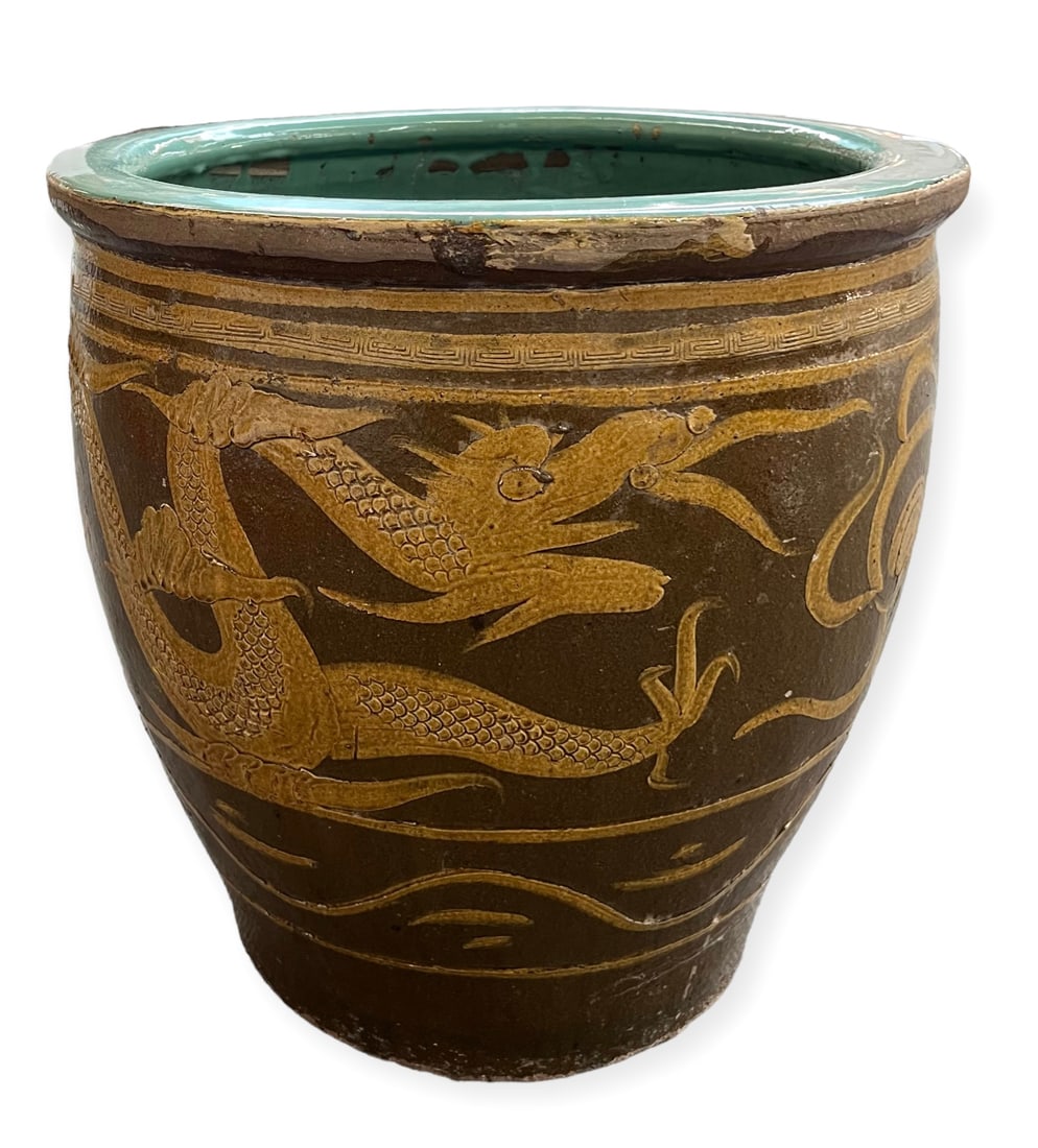 Large Old Dragon Theme Asian Jardiniere. (1 of 5)
