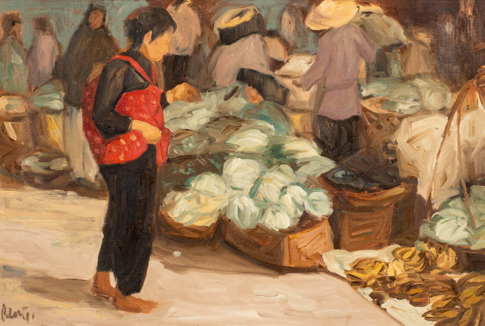 Sgd. Oil Painting, Marketplace Scene. Auction