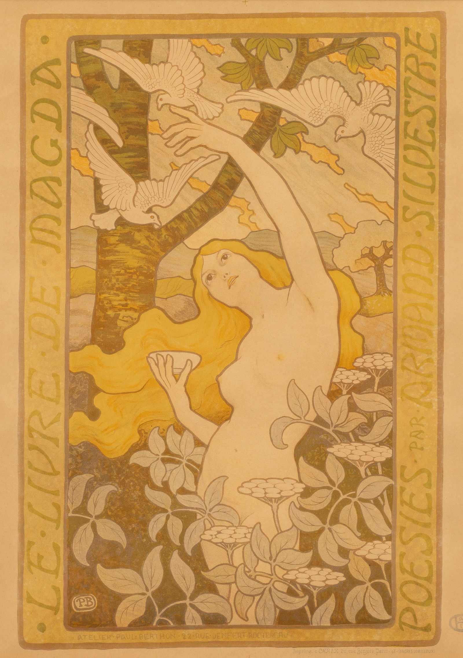 "Le Livre de Magda", Paul Berthon.: This art nouveau colored lithograph by Paul Berthon (French, 1872-1910) has written along the border "Le Livre de Magda, Poésies par Armand Silvestre", which translates to "The Book of Magda, Poetry