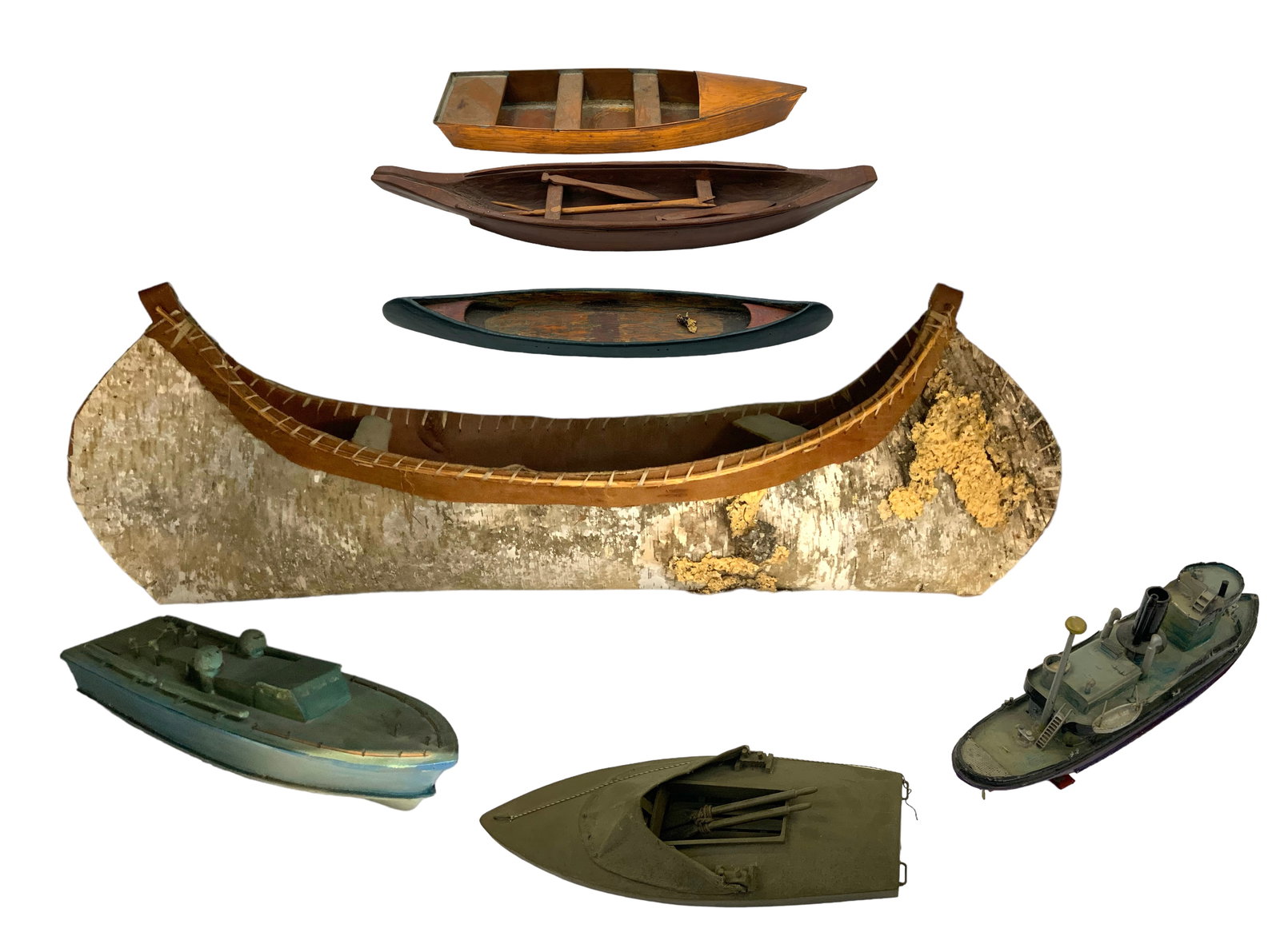 Lot: Model Folk Art Boats, Including Birch Canoe. (1 of 2)