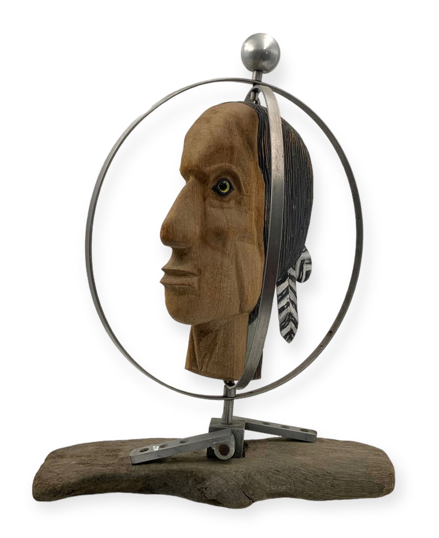 Carved Wood Indian Chief Head w/ Metal Rings. (1 of 3)