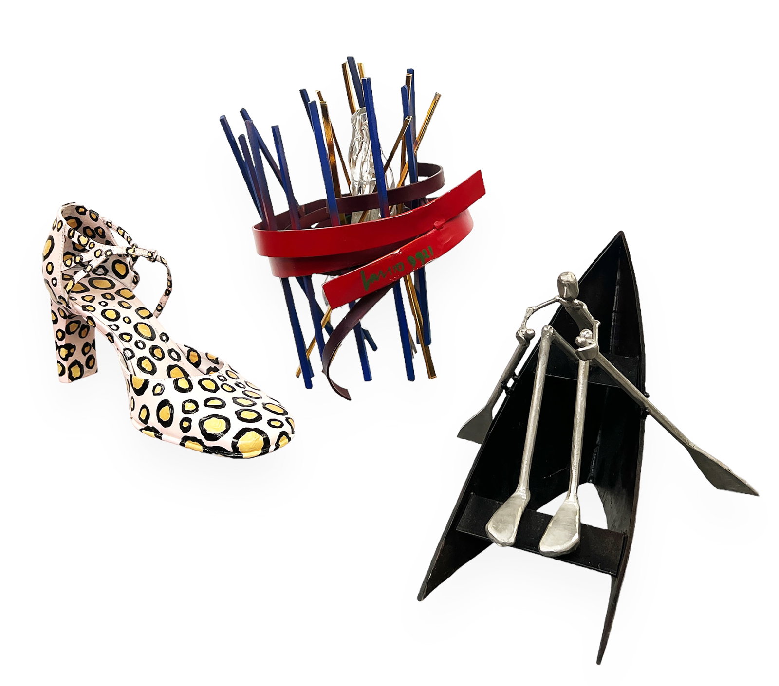 Lot of Assorted Abstract Art Pieces.: This lot contains a signed abstract metal sculpture, an unsigned metal rowboat, and a Jon Michels' painted high heel. The artist of the abstract sculpture is unknown. The sculptures have minor scratch