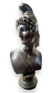 Bronze Bust of Paris, After Antonio Canova.: The Neoclassical Sculpture appears to be Unsigned. There are Some Scratches and small areas of Discoloration. There are also some small Cracks on the right eye. Overall, the piece looks to be in Good