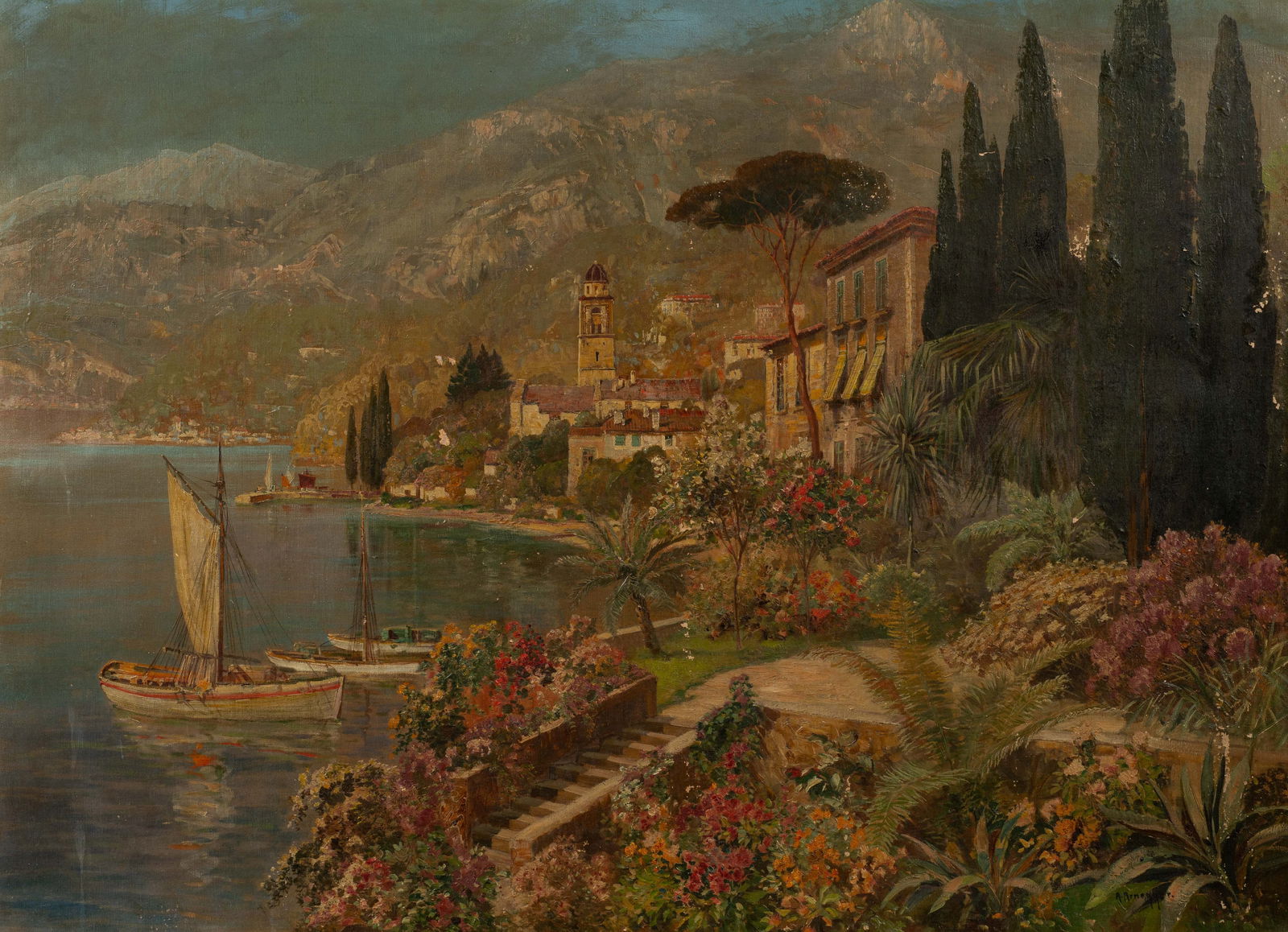 Lg. Italian Landscape Painting, Alois Arnegger.: This large Mediterranean coastal landscape painting is signed "A. Arnegger", lower right. The painting by Alois or Arnold Arnegger (Austria, 1879-1963) depicts the Amalfi Coast. It is housed in a gild