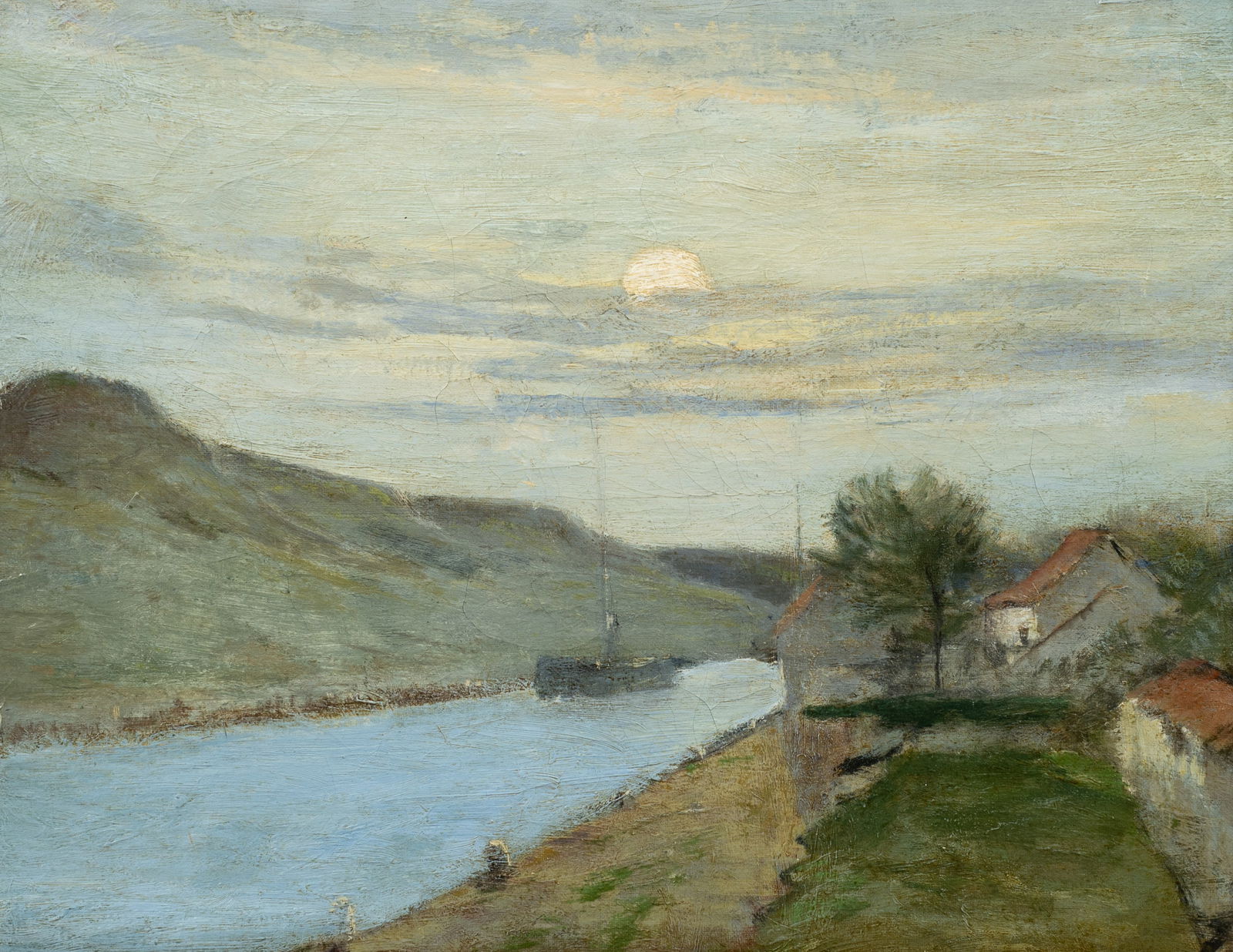 Unsigned Landscape Painting on Board.: This unsigned oil painting bears a plaque with the name "Paul Dougherty". The painting depicts a mountainous river scene with adjacent red-roofed cottages. The painting appears to have been repaired o