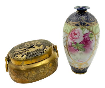 Lot: Chinese Brass Warmer & Nippon Porcelain Vase.: The Brass warmer is missing a small portion in the center of the Top. It measures 4 1/4" Tall (not including the handle), 8 1/4" wide, and 6 1/2" Deep. The Vintage Nippon vase is in good condition, wi