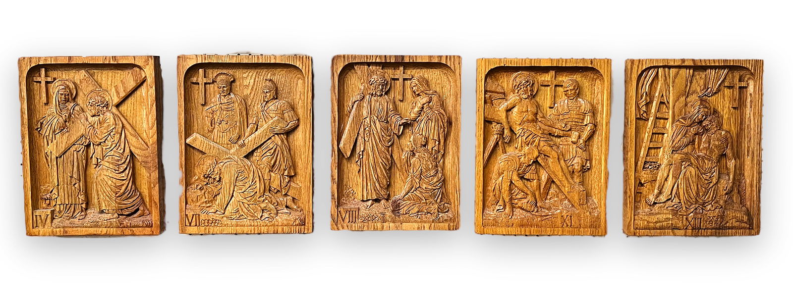 Set of 5 Carved Wood Plaques of the Crucifixion. (1 of 7)