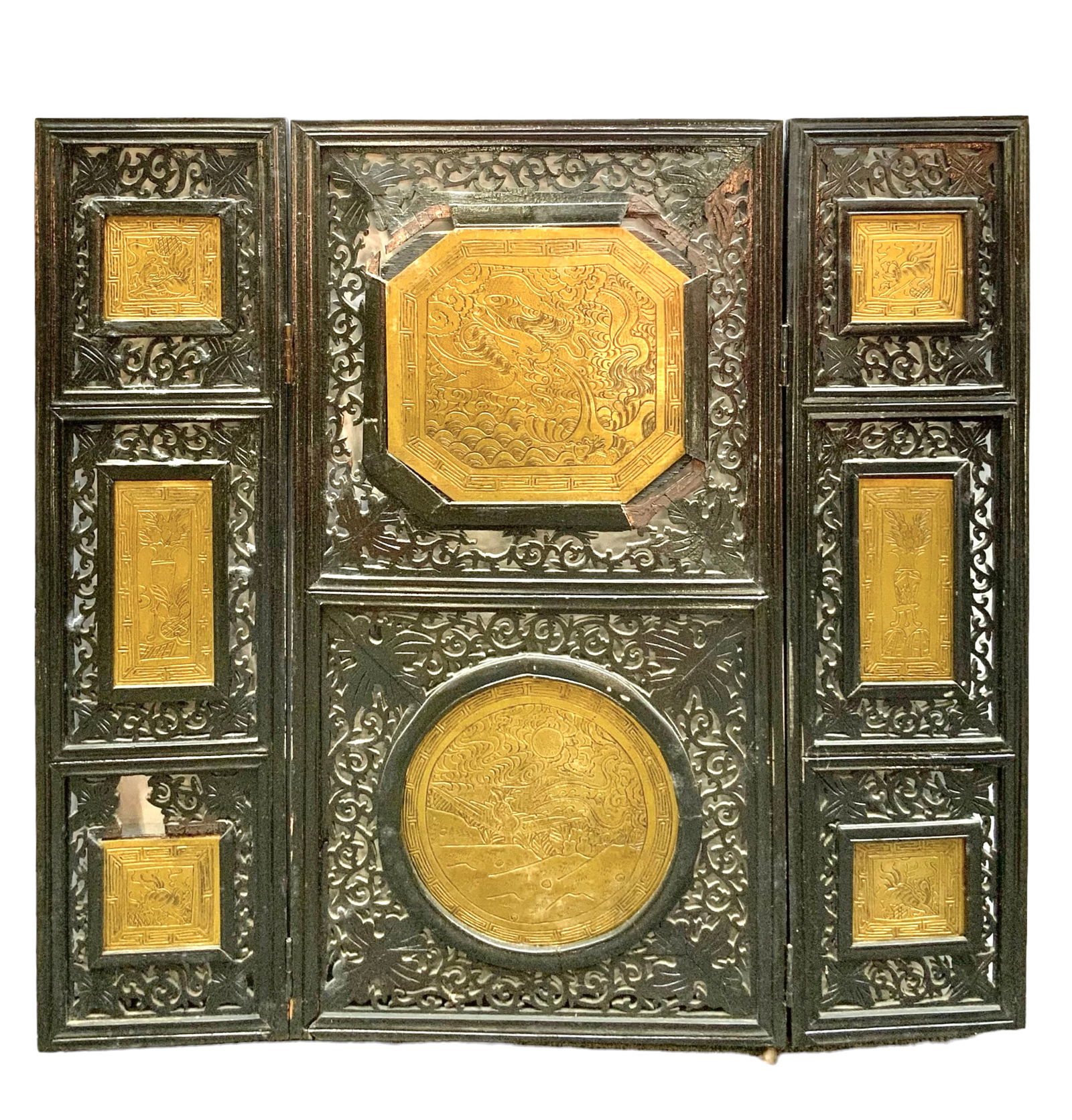Small Old Chinese Screen w/ Etched Brass Inserts. (1 of 3)