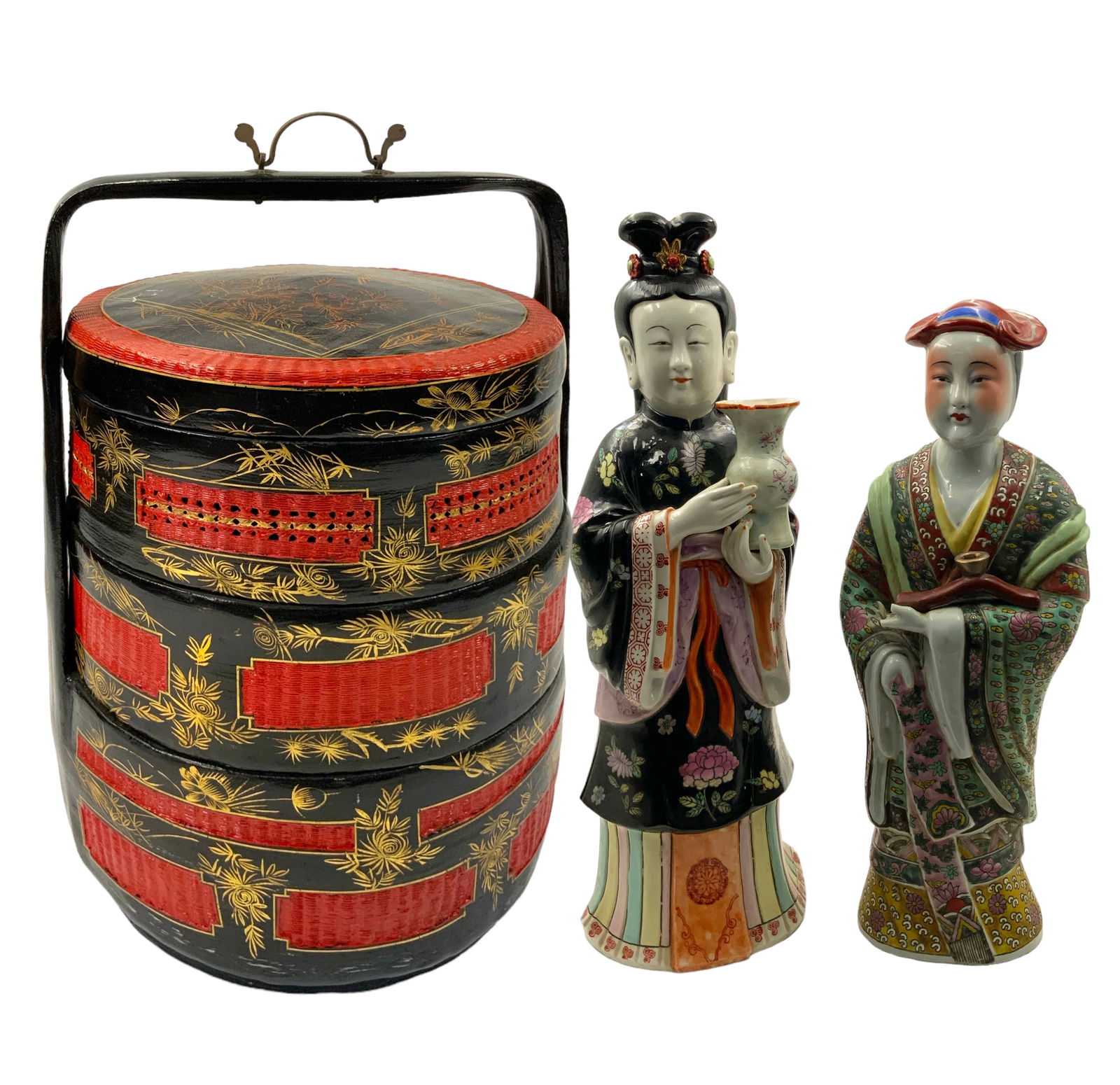 Lot: Chinese Food Basket & 2 Figurines (AS IS). (1 of 3)