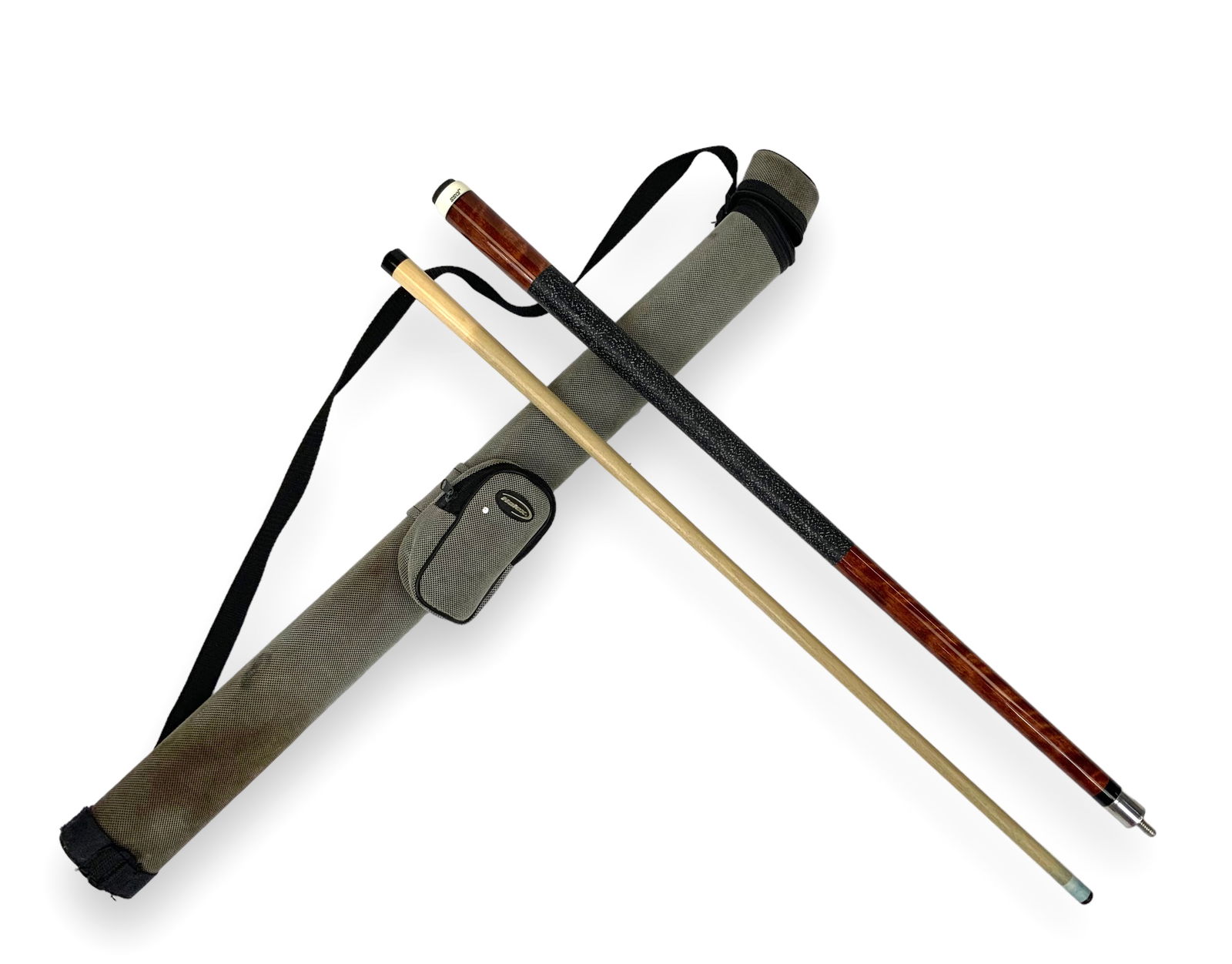 Joss 2 Piece Pool Cue with Travel Case.: The cue Includes a butt and a shaft. The butt has the number "160946" printed on it. The cue reads, "Joss 1603" (Model 1603). Both look to be in Nice condition. When attached together, the cue measure