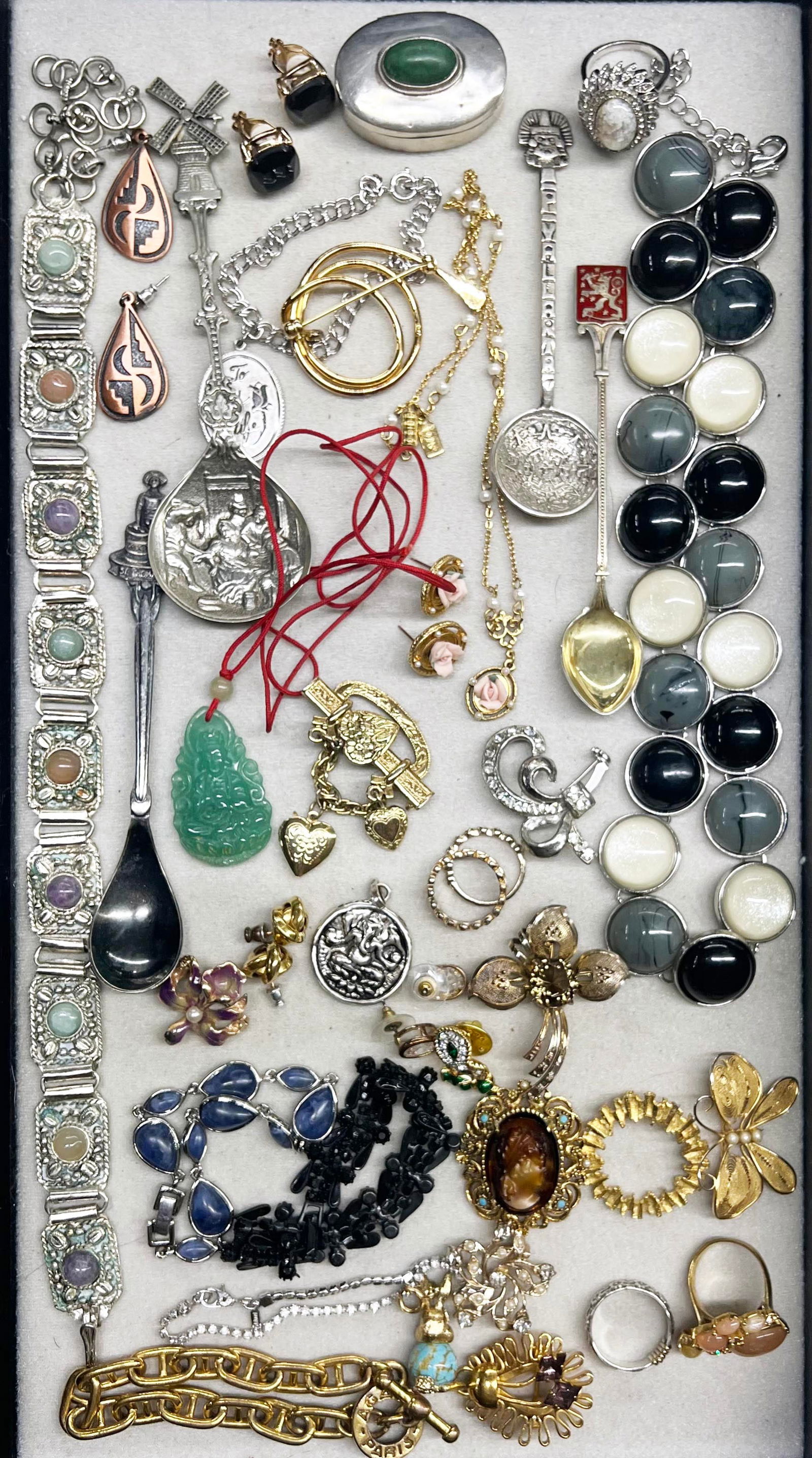 Lot of Assorted Jewelry, Mostly Costume.: There are also a couple of Silver Spoons, and a Sterling Silver Pill Box. In addition, there is a 1 1/2" long Carved Jade Buddha Pendant on a Corded Necklace. In-house shipping is available. Please se
