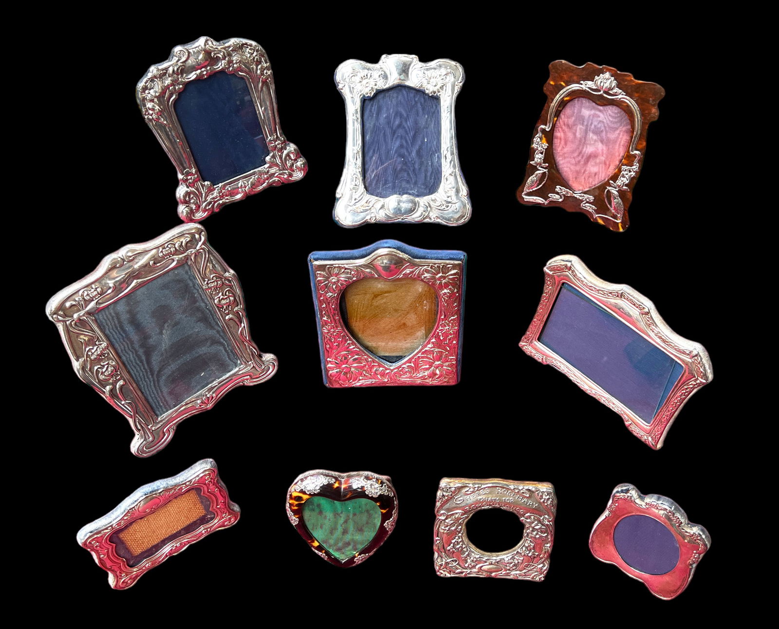 Lot of 10 Ornate English Sterling Picture Frames.: The Sizes vary. Two of the frames have a faux tortoise shell design. One of the smaller frames has a Shakespeare quote: "There's Rosemary, that's for remembrance." The largest frame measures 8" x 6 1/