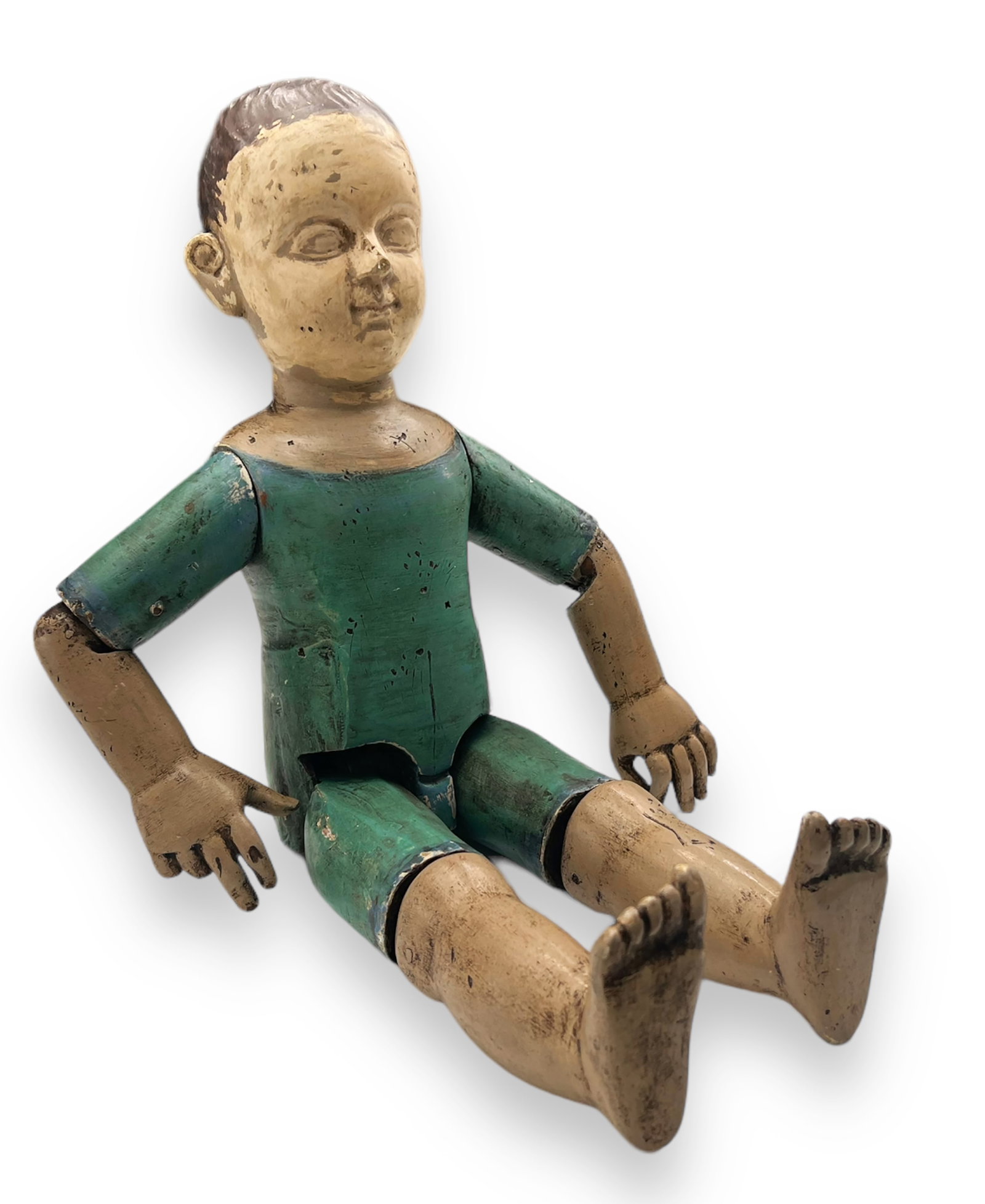 Antique Wood Jointed Doll, As Is.: There is some Paint Loss, and the right leg is not attached. The doll Measures 16" long. In-House Shipping is Available. Please see our Website Regarding In-House Shipping.