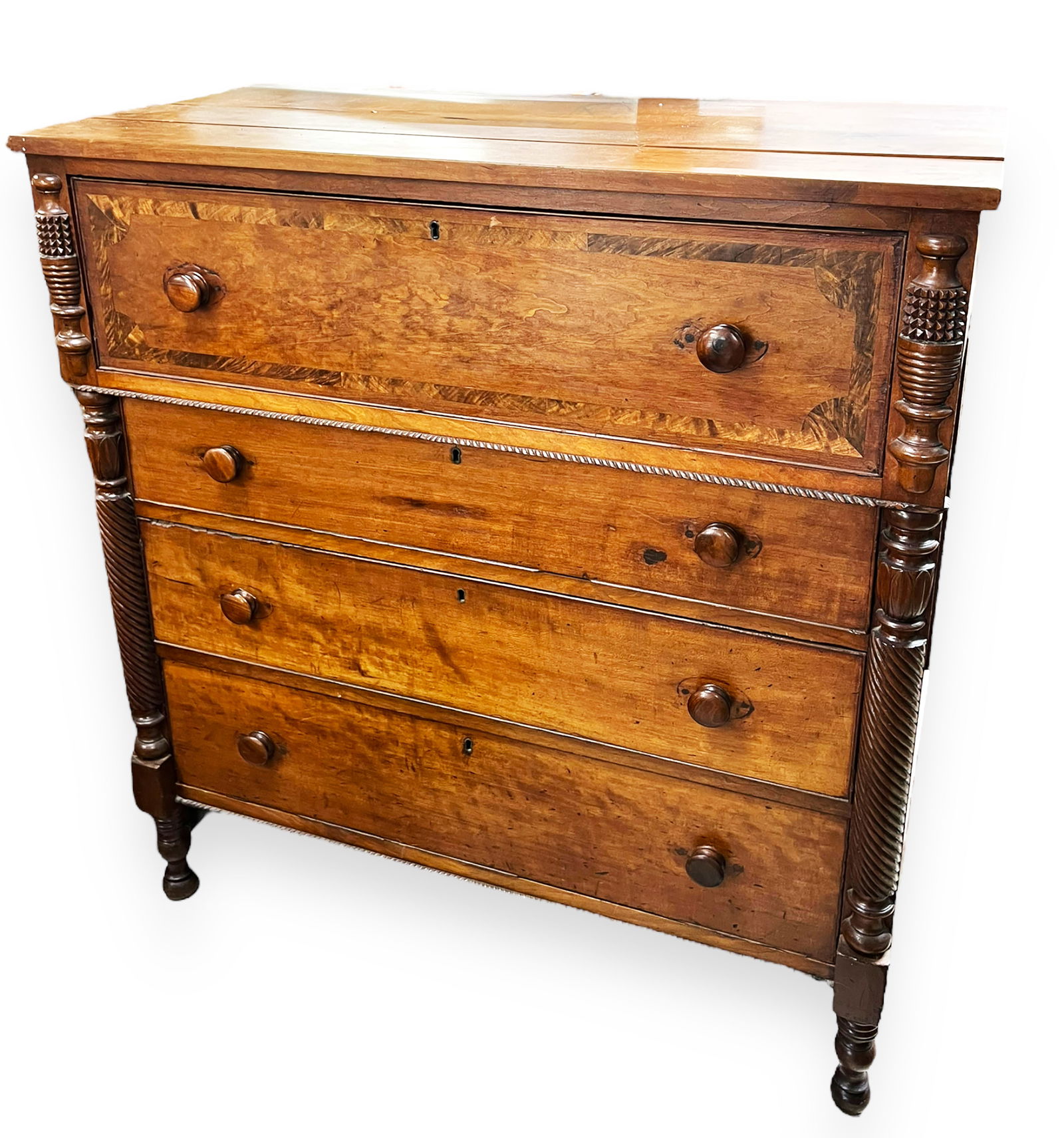 Antique Cherry & Curly Maple Four Drawer Chest. (1 of 3)