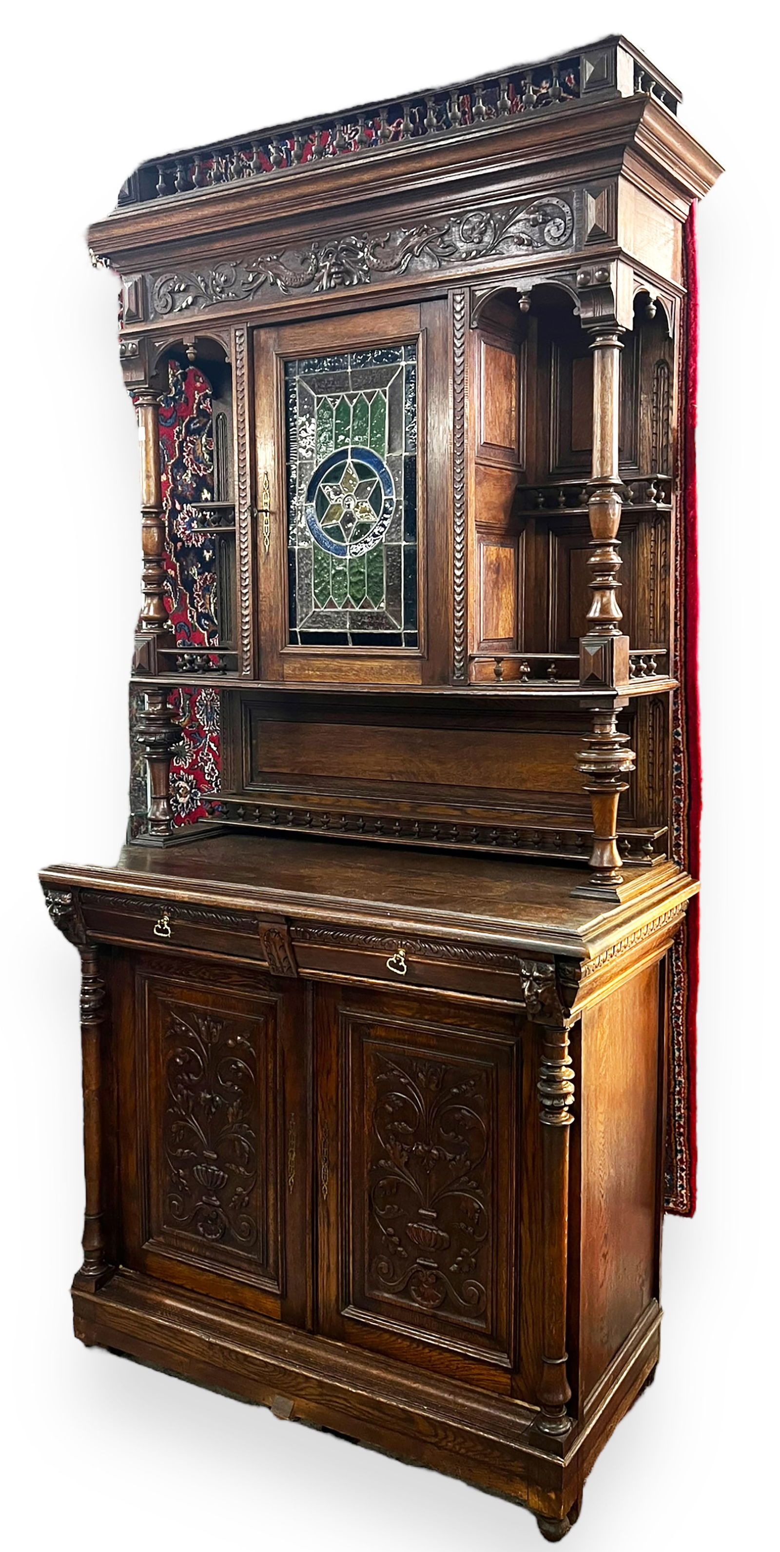 Lg. Antique Carved Hutch w/ Leaded Stained Glass. (1 of 3)