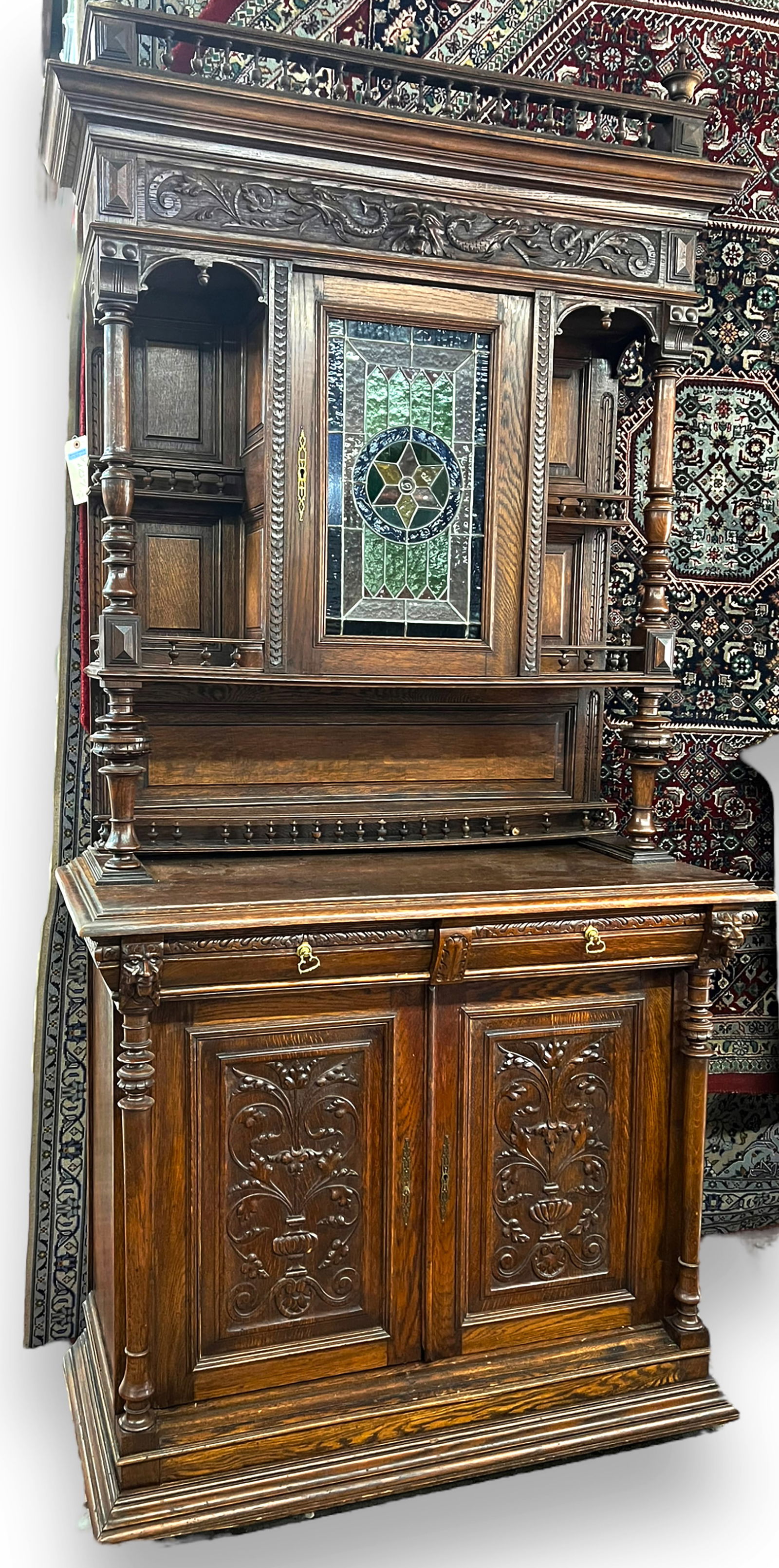Lg. Antique Carved Hutch w/ Leaded Stained Glass. (1 of 3)