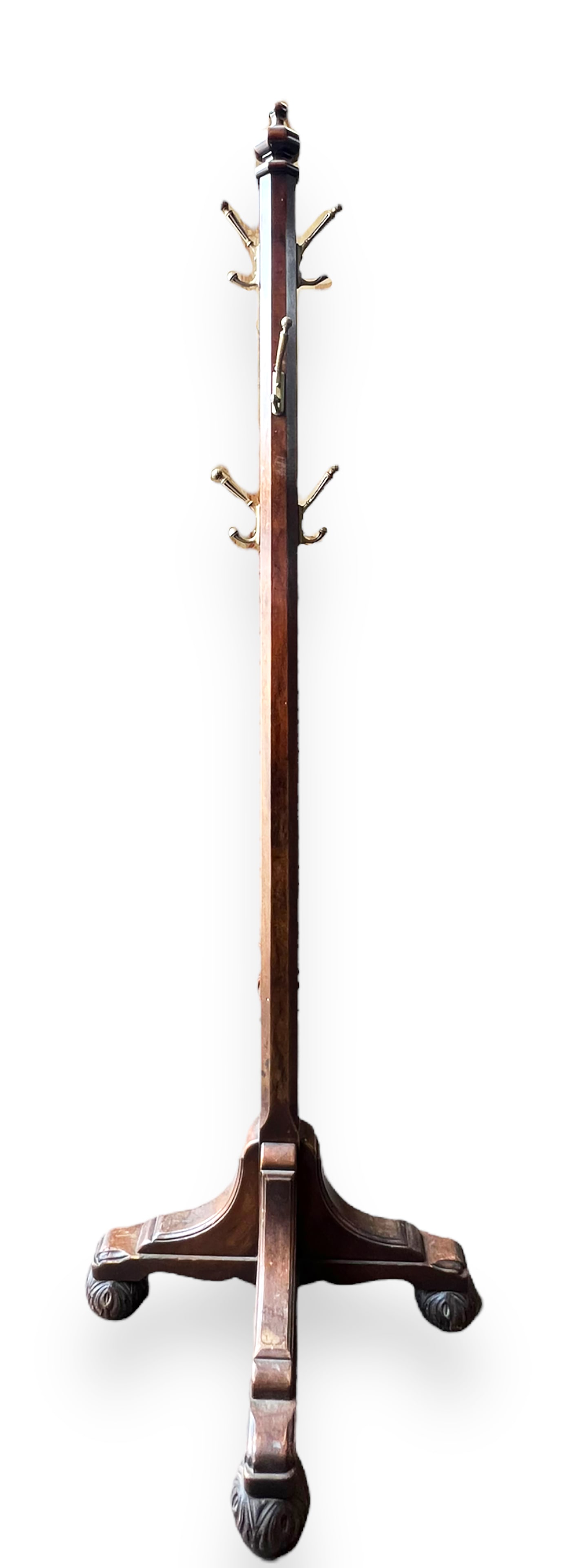 Antique Wood Coat Tree W/ Original Brass Hooks Auction