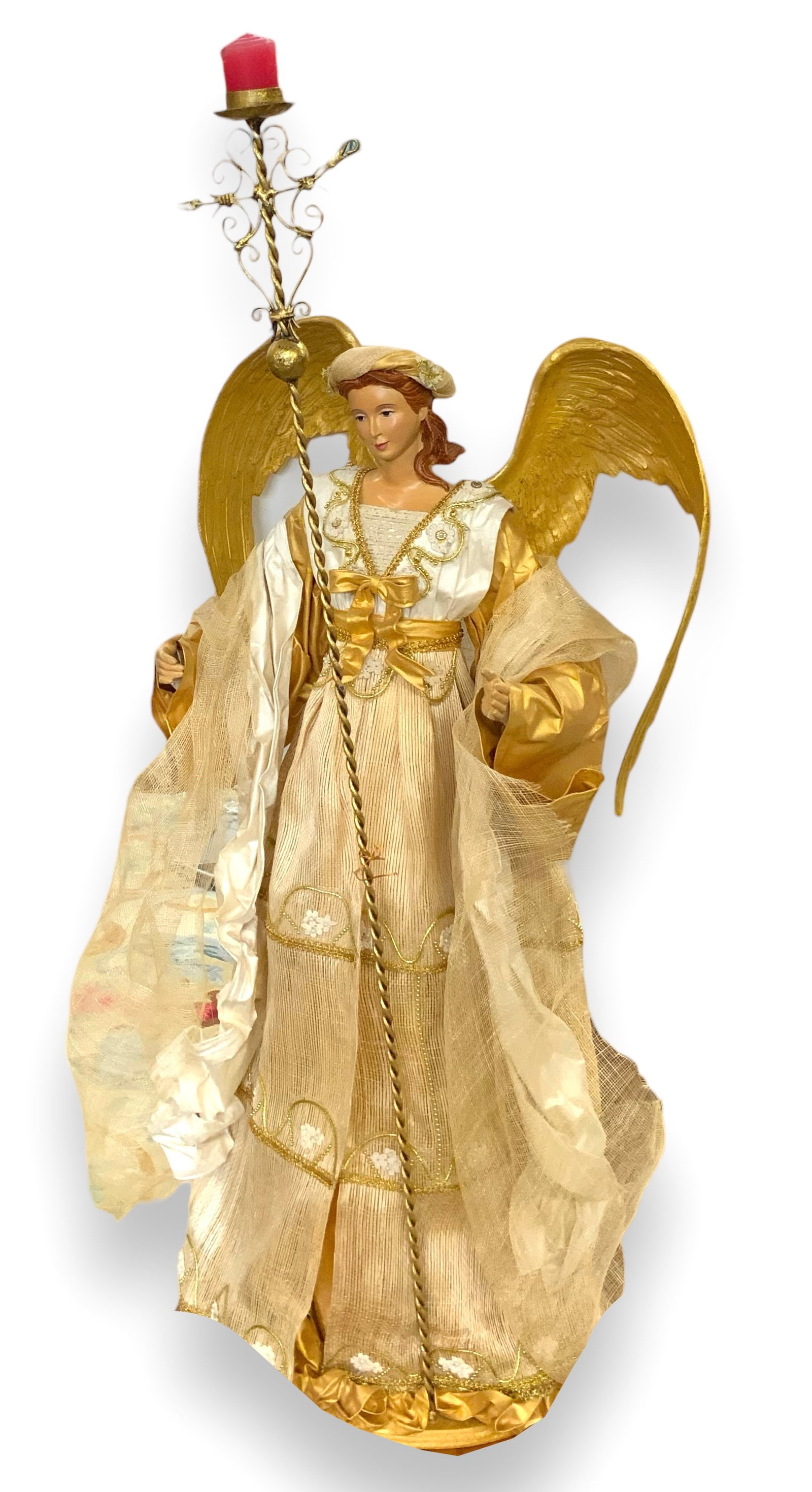 Paper Mache Angel with Candlestick.: The angel is wearing an ivory and gold dress, decorated with sequins. The wings are removable. The condition is very good. The angel measures 36" tall, and the candlestick measures 42" tall. Third-par