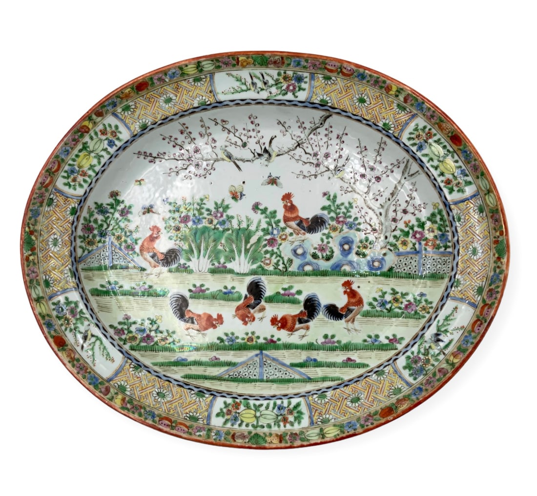 Vintage Porcelain Platter w/ Handpainted Roosters. (1 of 2)